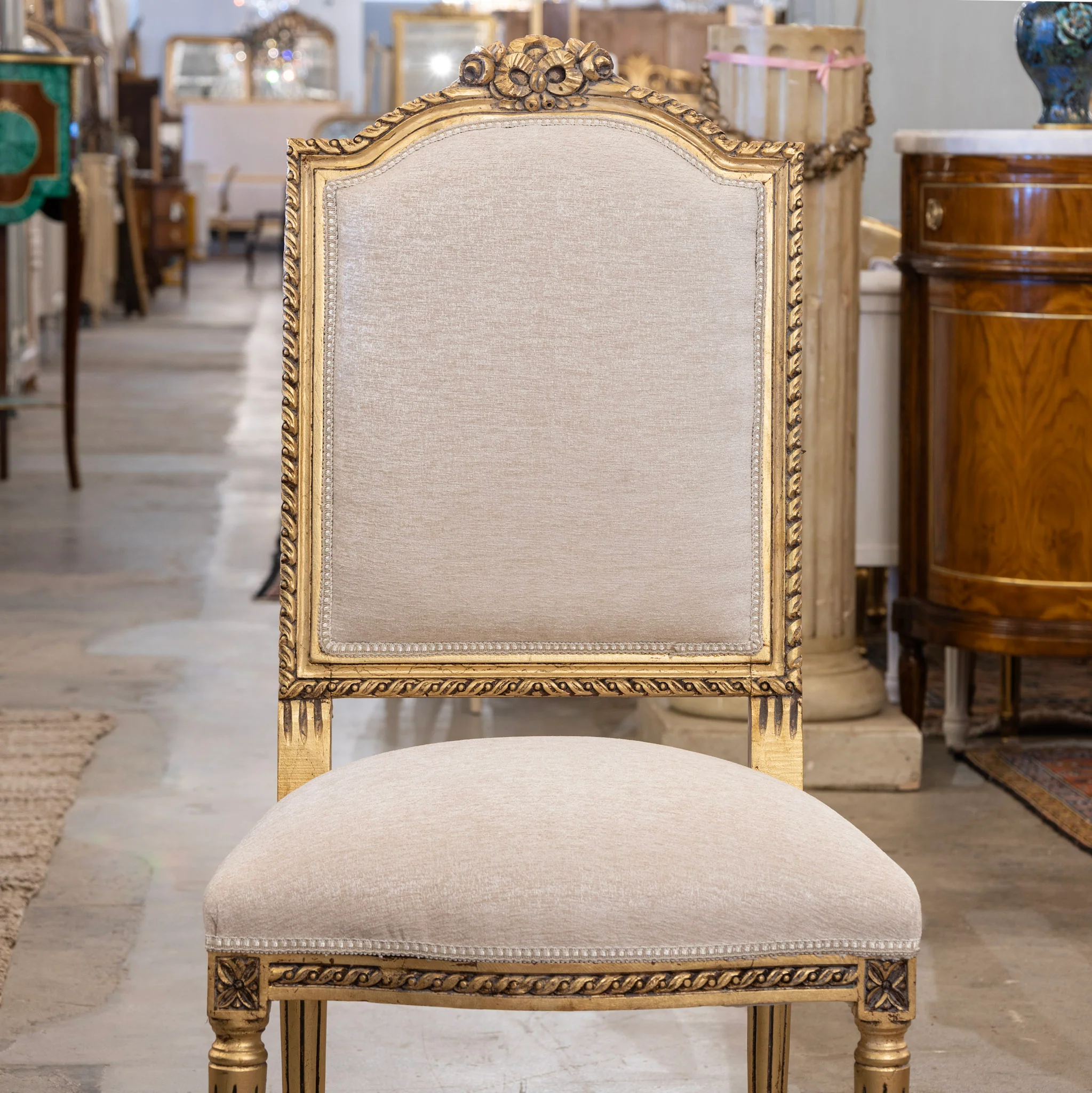 Louis XVI Gilded Square Dining Chair – White Linen Upholstery and Bow Detail - Image 3