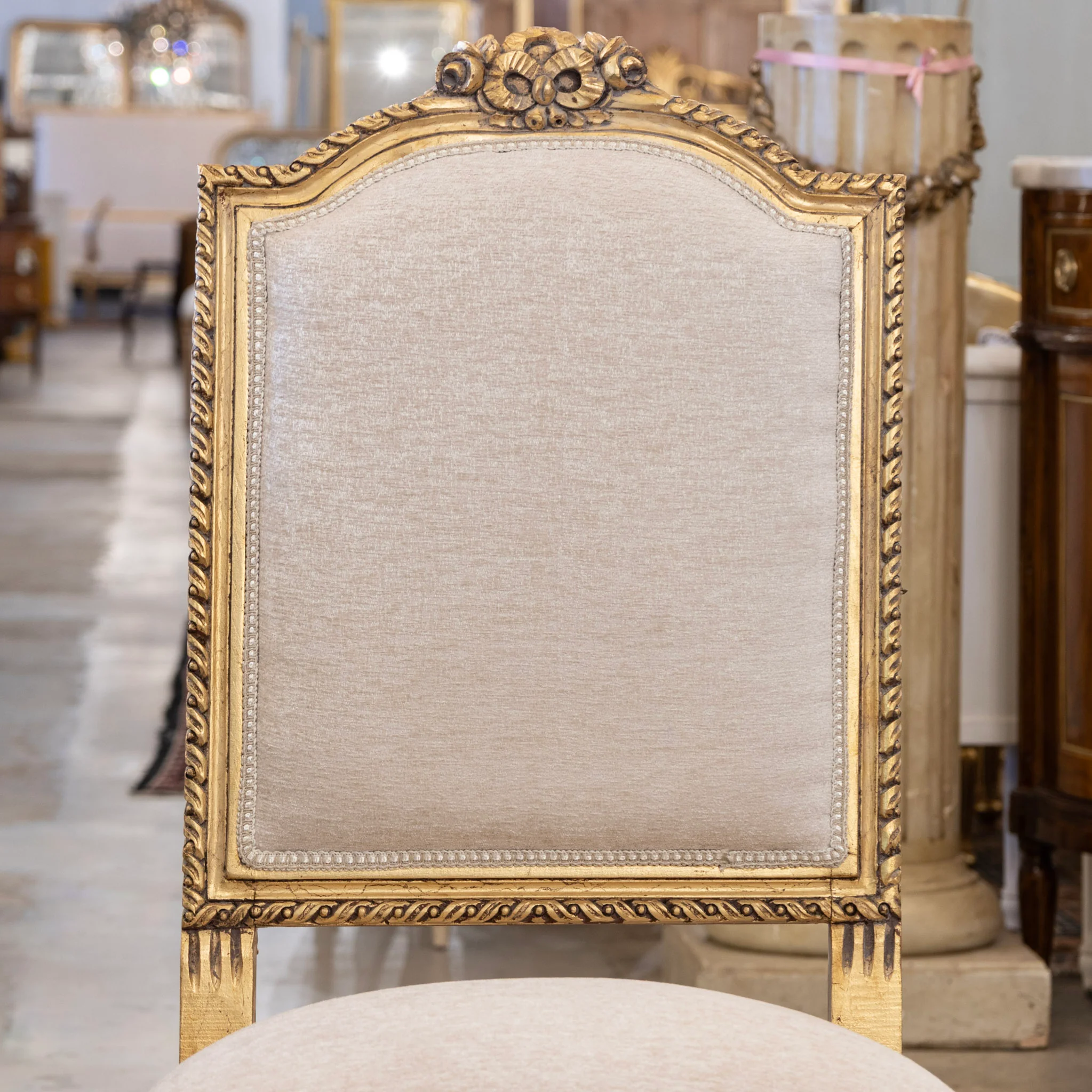 Louis XVI Gilded Square Dining Chair – White Linen Upholstery and Bow Detail - Image 4