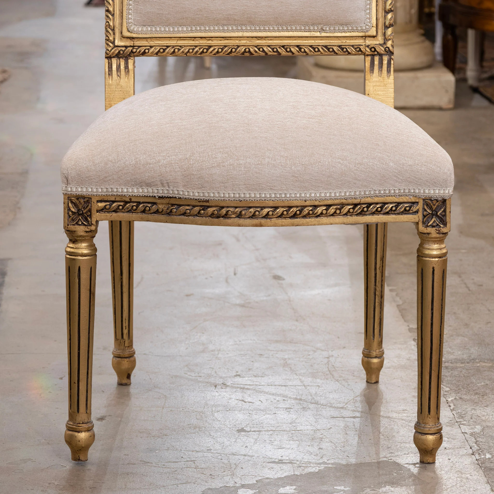 Louis XVI Gilded Square Dining Chair – White Linen Upholstery and Bow Detail - Image 5