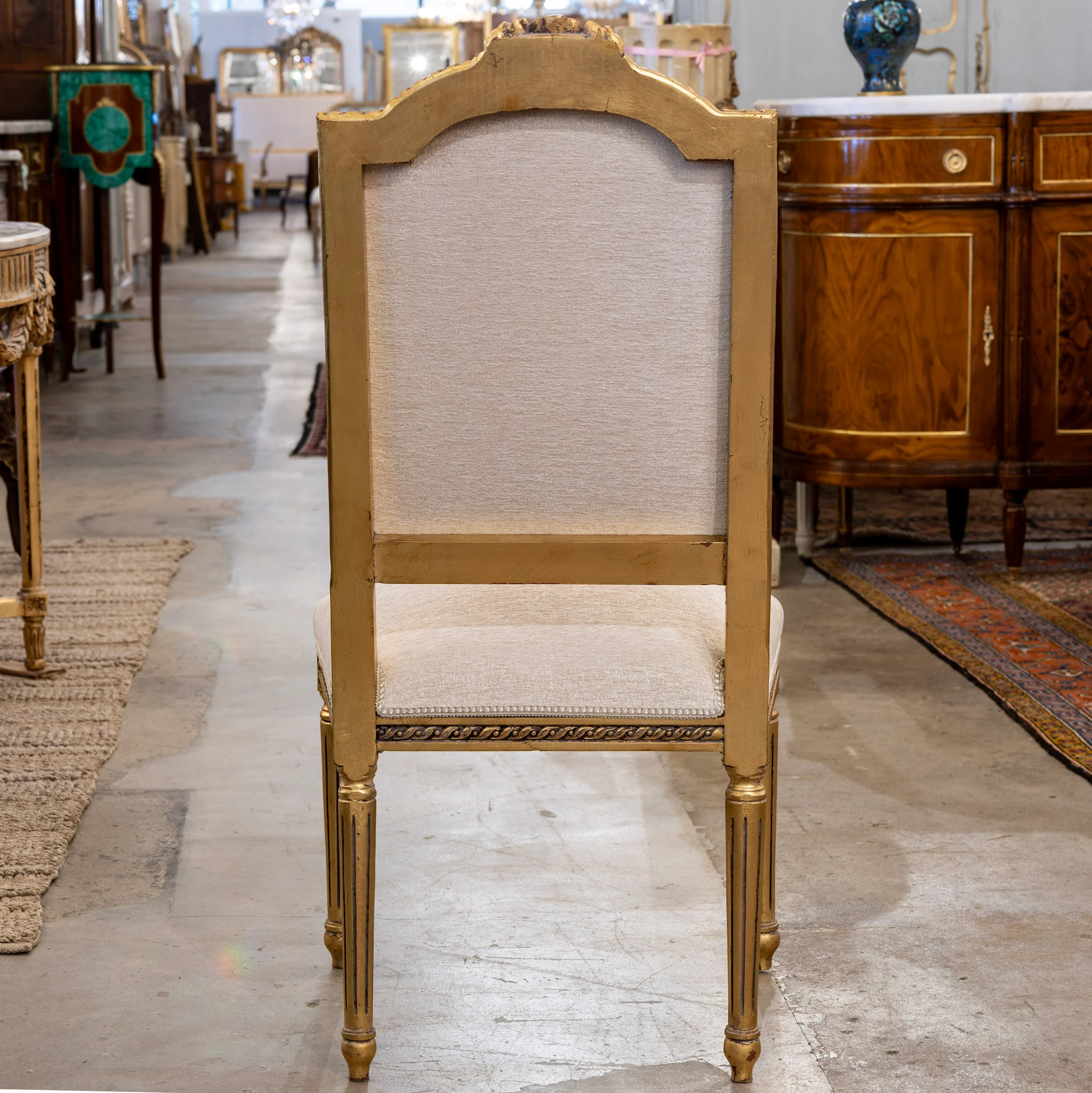Louis XVI Gilded Square Dining Chair – White Linen Upholstery and Bow Detail - Image 6
