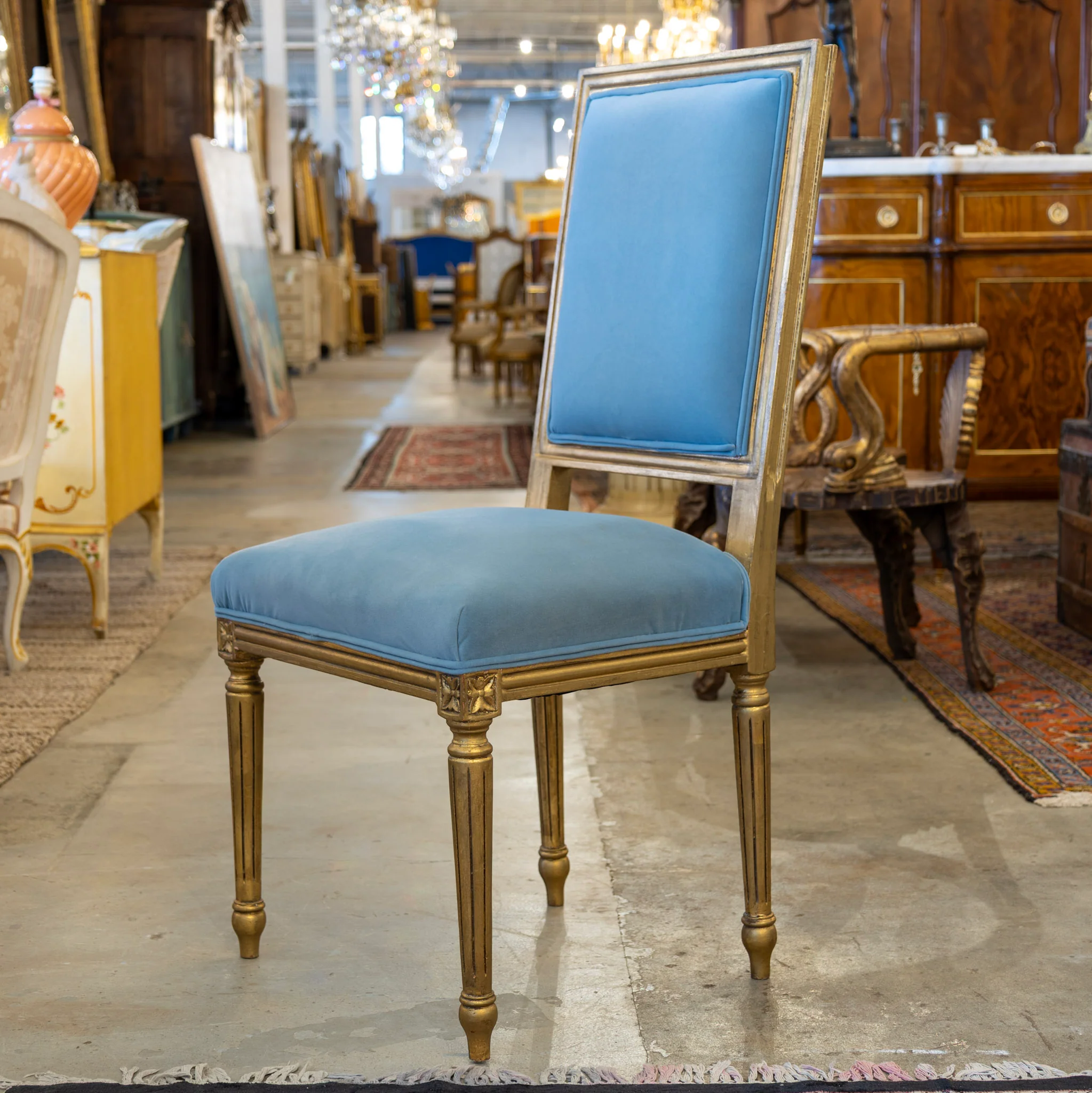 Louis XVI Gilded Square Dining Chair –  Blue Velvet Upholstery - Image 3