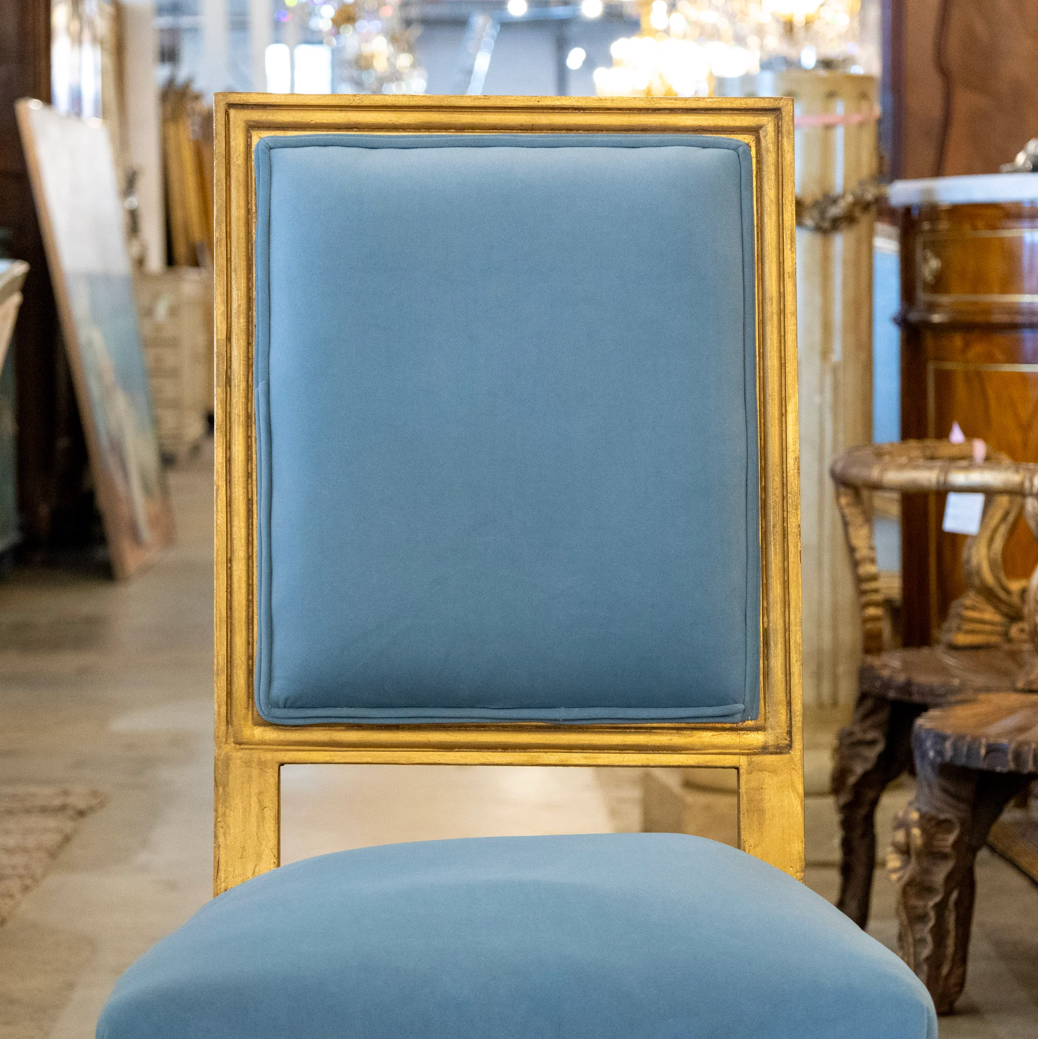 Louis XVI Gilded Square Dining Chair –  Blue Velvet Upholstery - Image 4