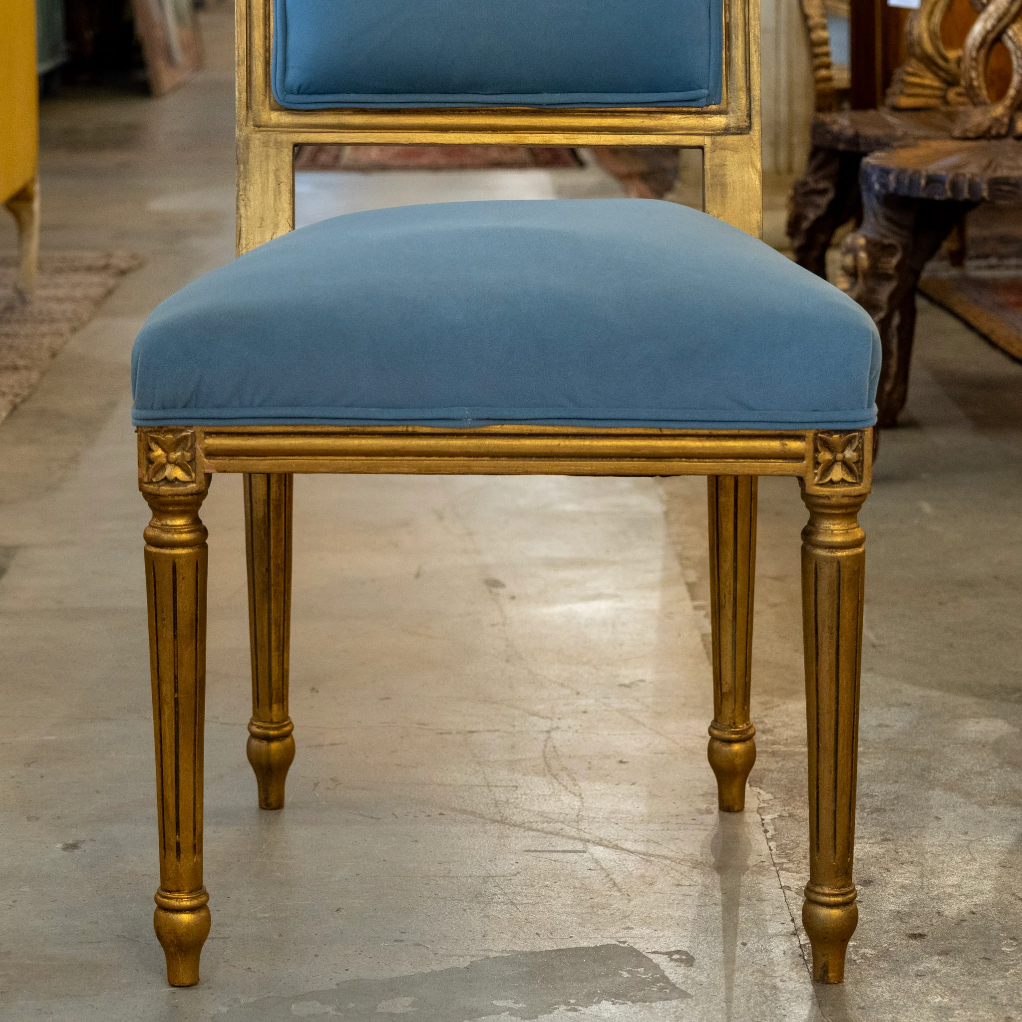 Louis XVI Gilded Square Dining Chair –  Blue Velvet Upholstery - Image 5