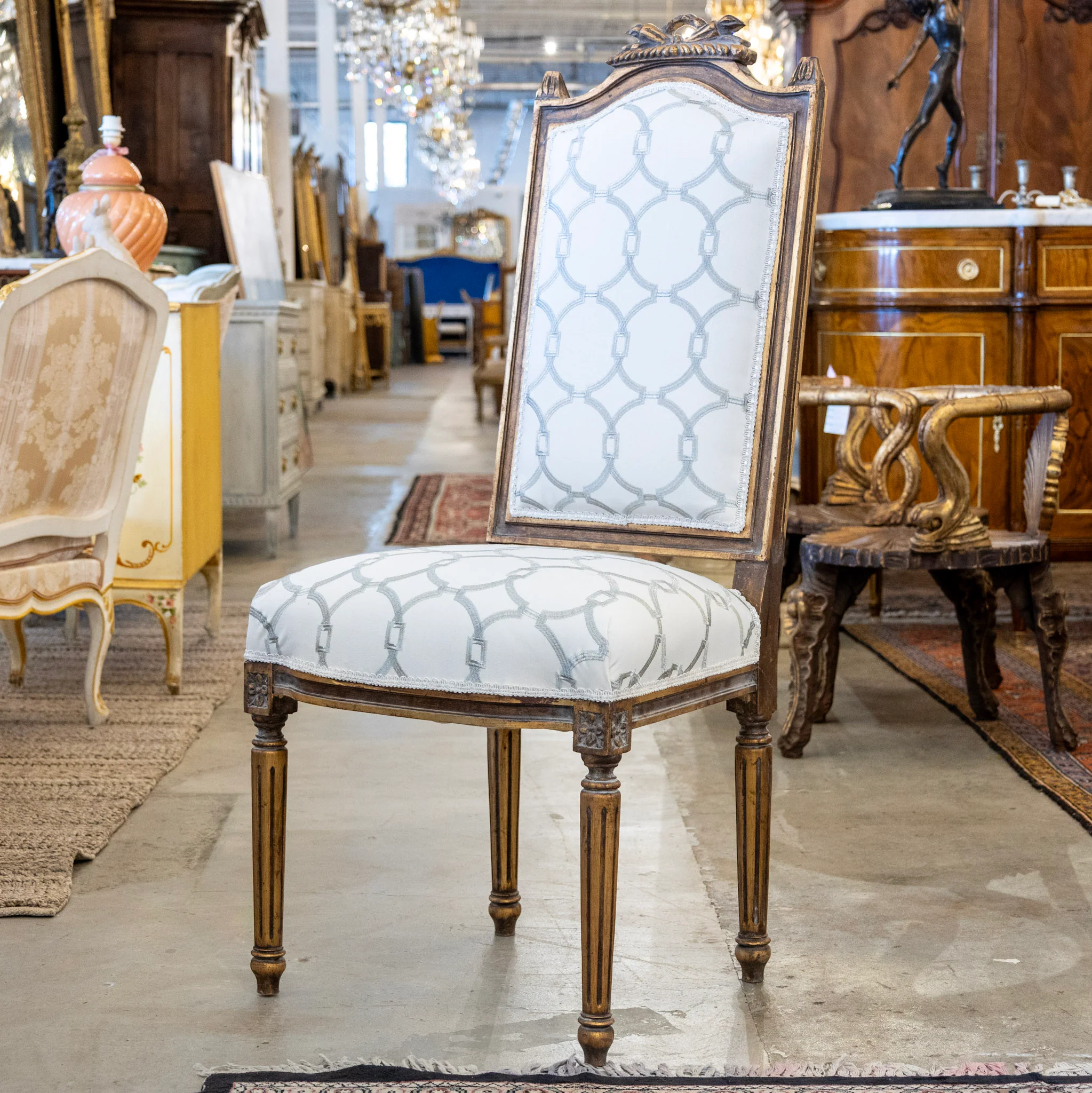 Louis XVI Dining Chair in White – Gilded Frame & Grey Trellis Upholstery - Image 3