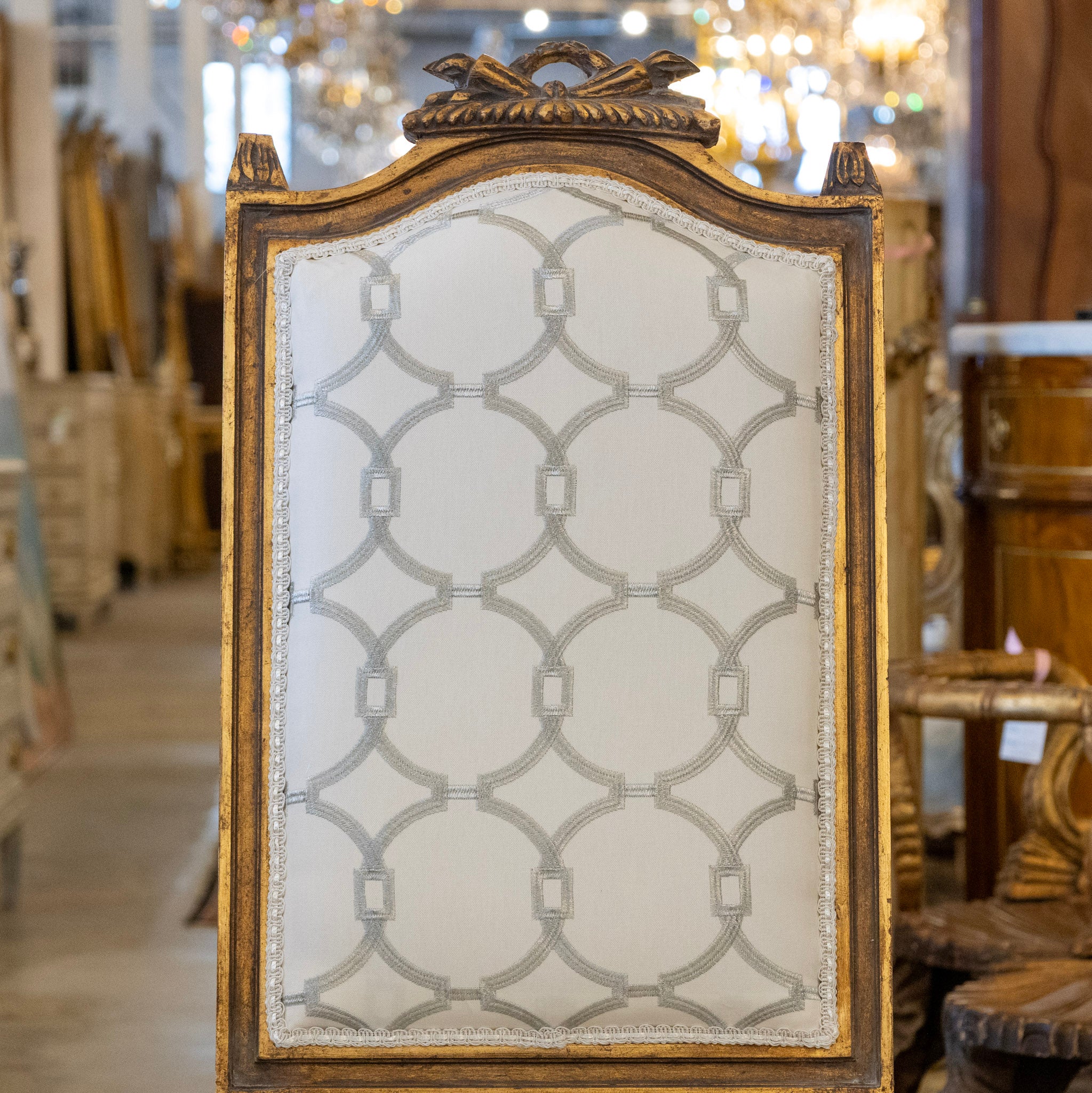 Louis XVI Dining Chair in White – Gilded Frame & Grey Trellis Upholstery - Image 4