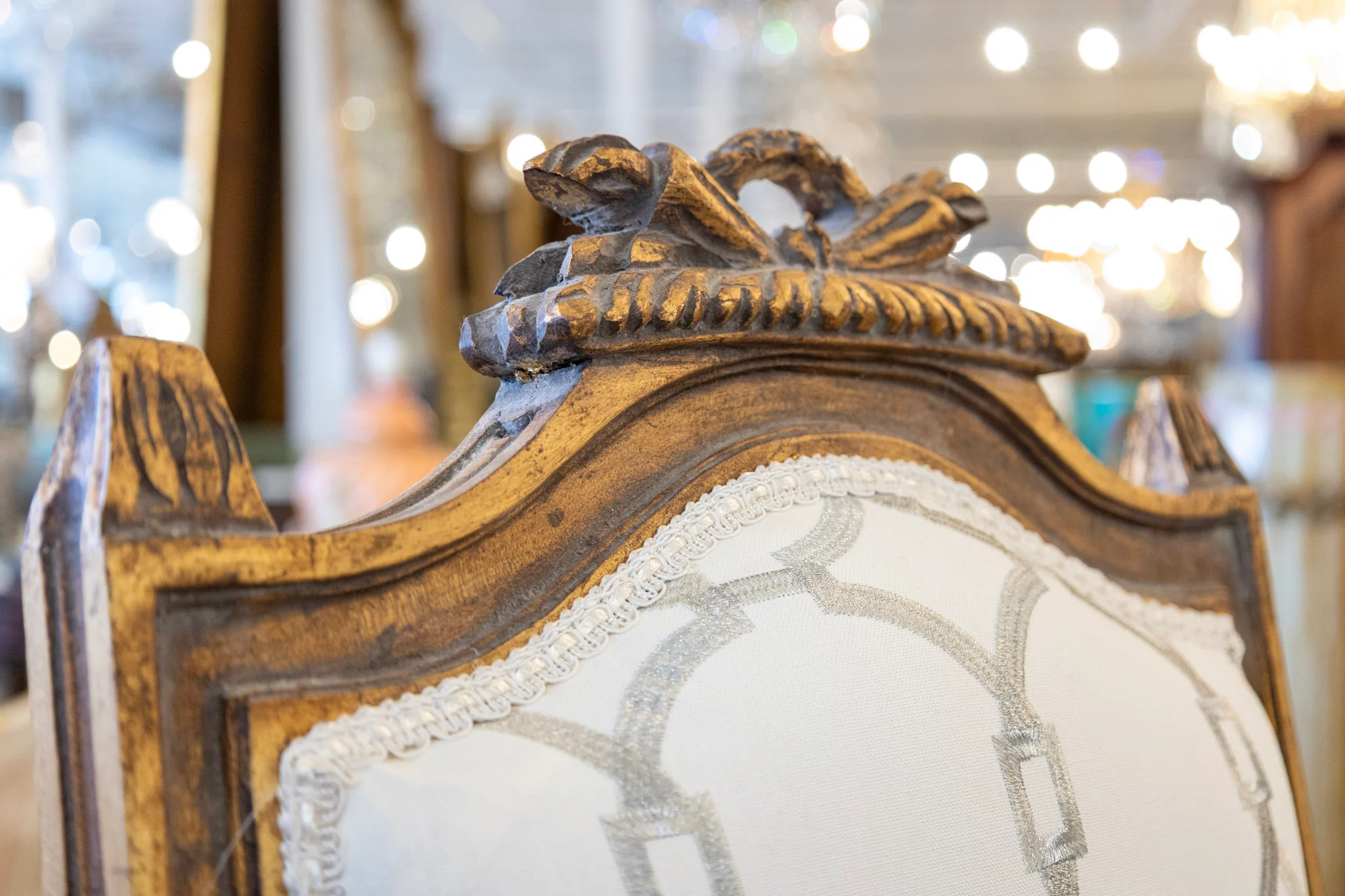 Louis XVI Dining Chair in White – Gilded Frame & Grey Trellis Upholstery - Image 5