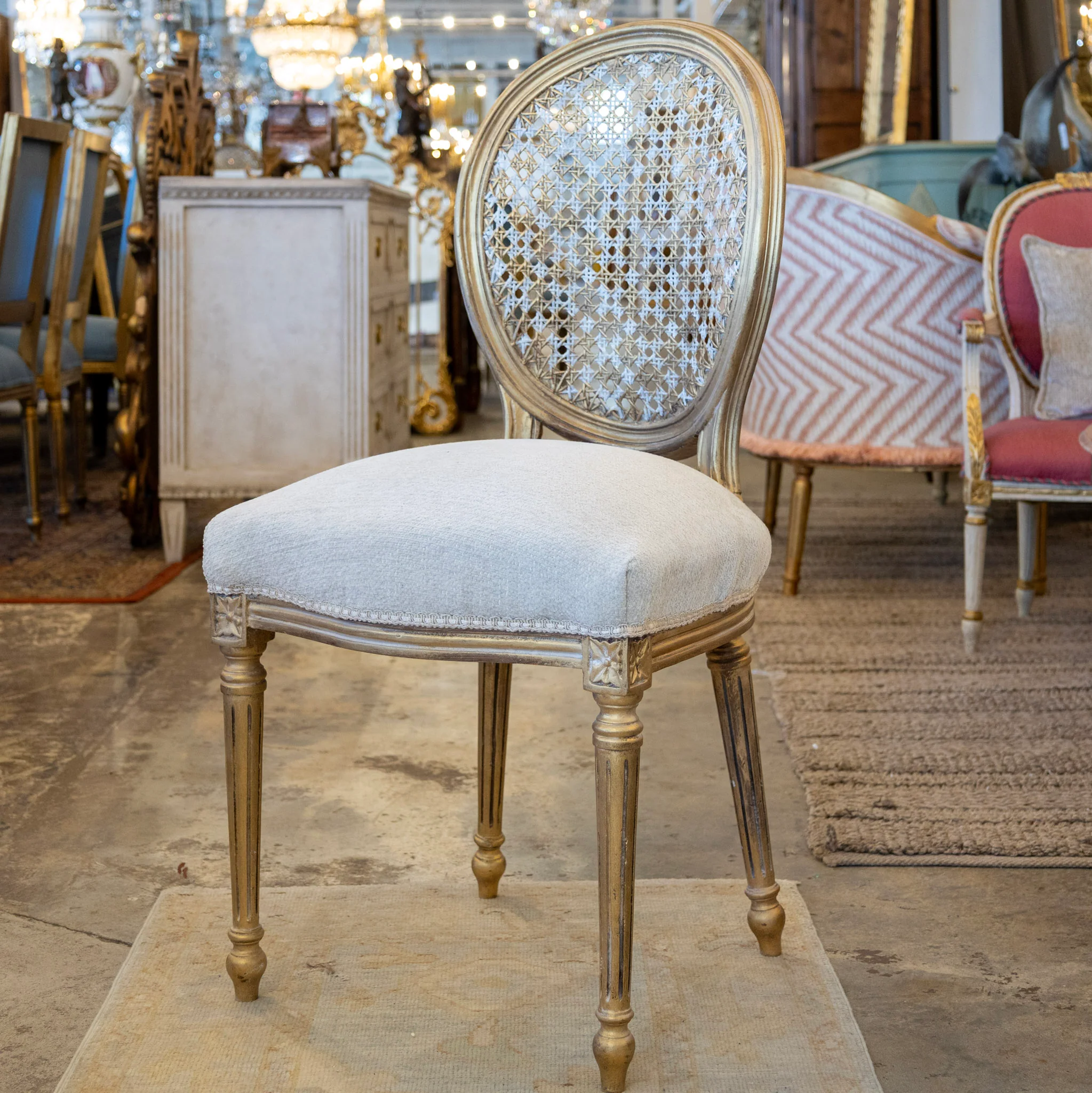 Louis XVI Round Dining Chair – Round Cane Back & Cream Linen Upholstery - Image 3