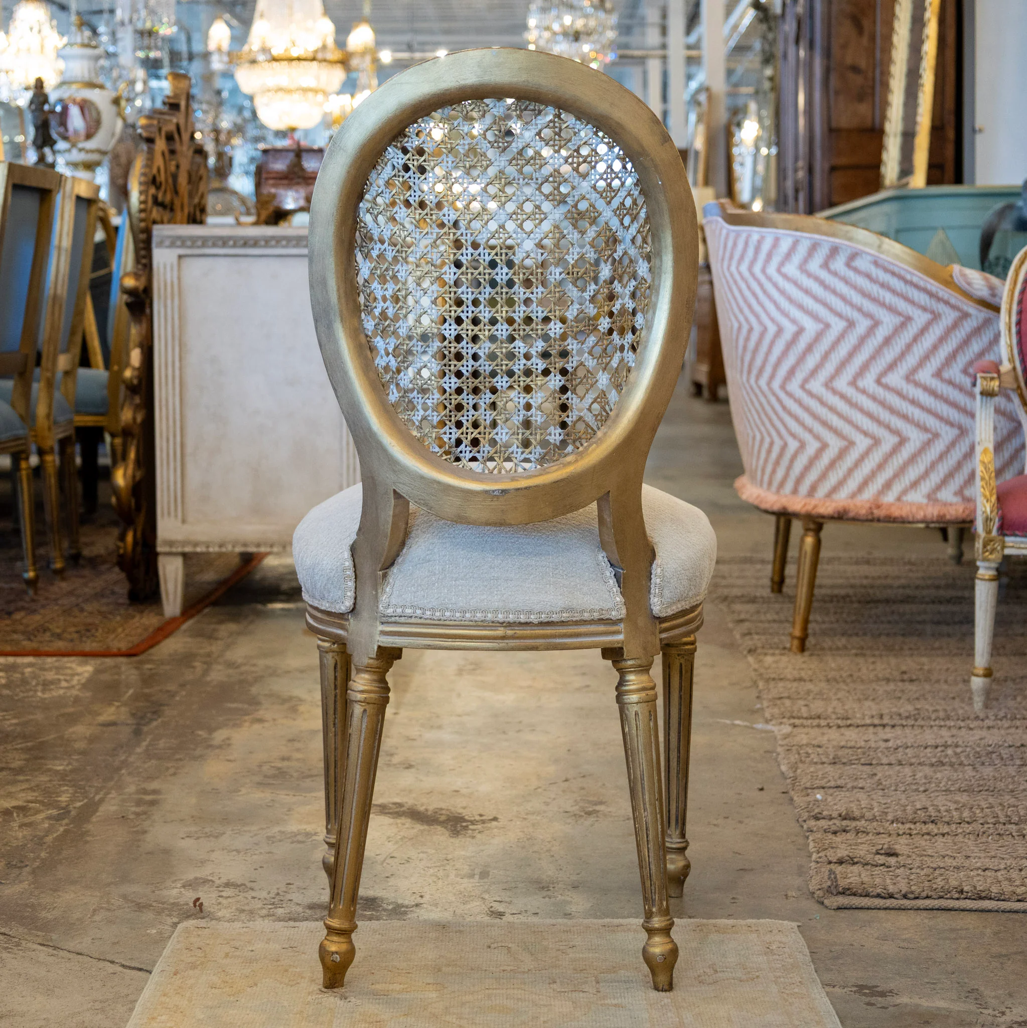 Louis XVI Round Dining Chair – Round Cane Back & Cream Linen Upholstery - Image 4