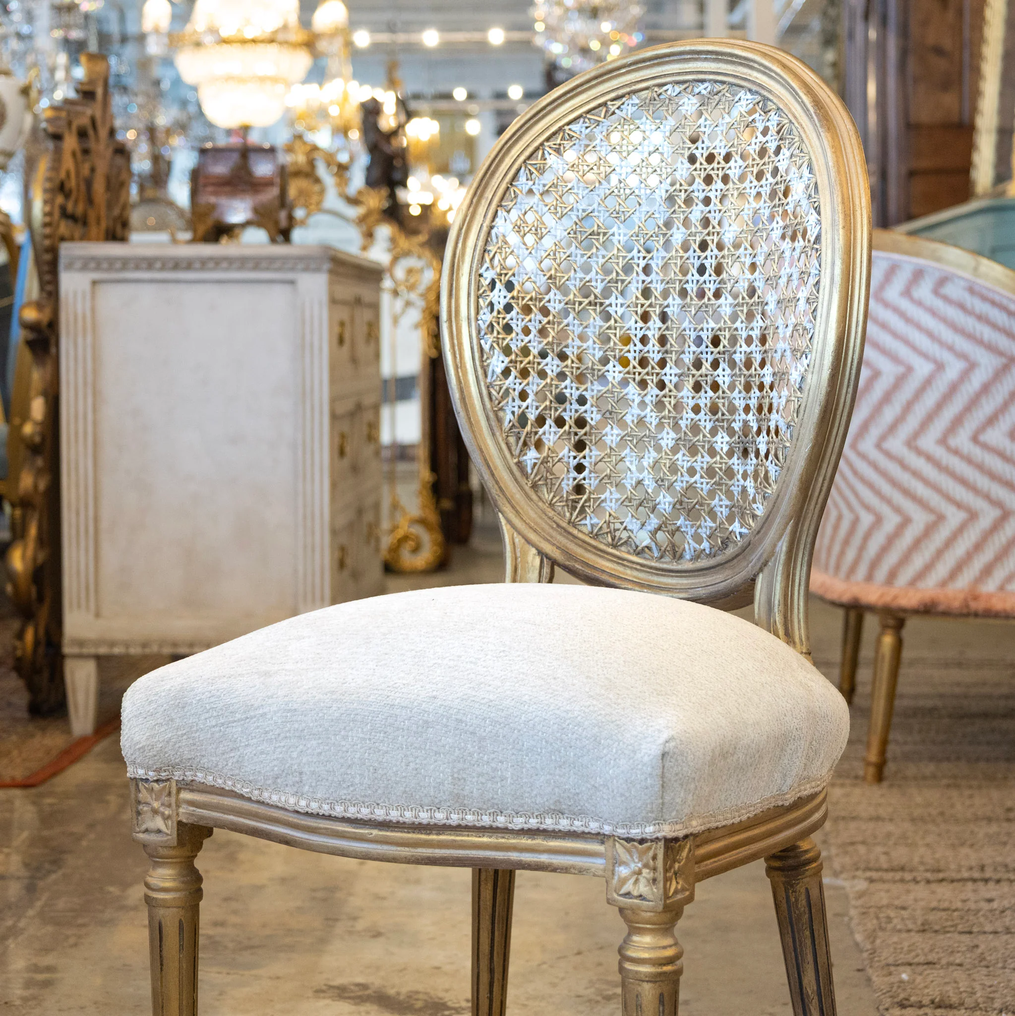 Louis XVI Round Dining Chair – Round Cane Back & Cream Linen Upholstery - Image 5