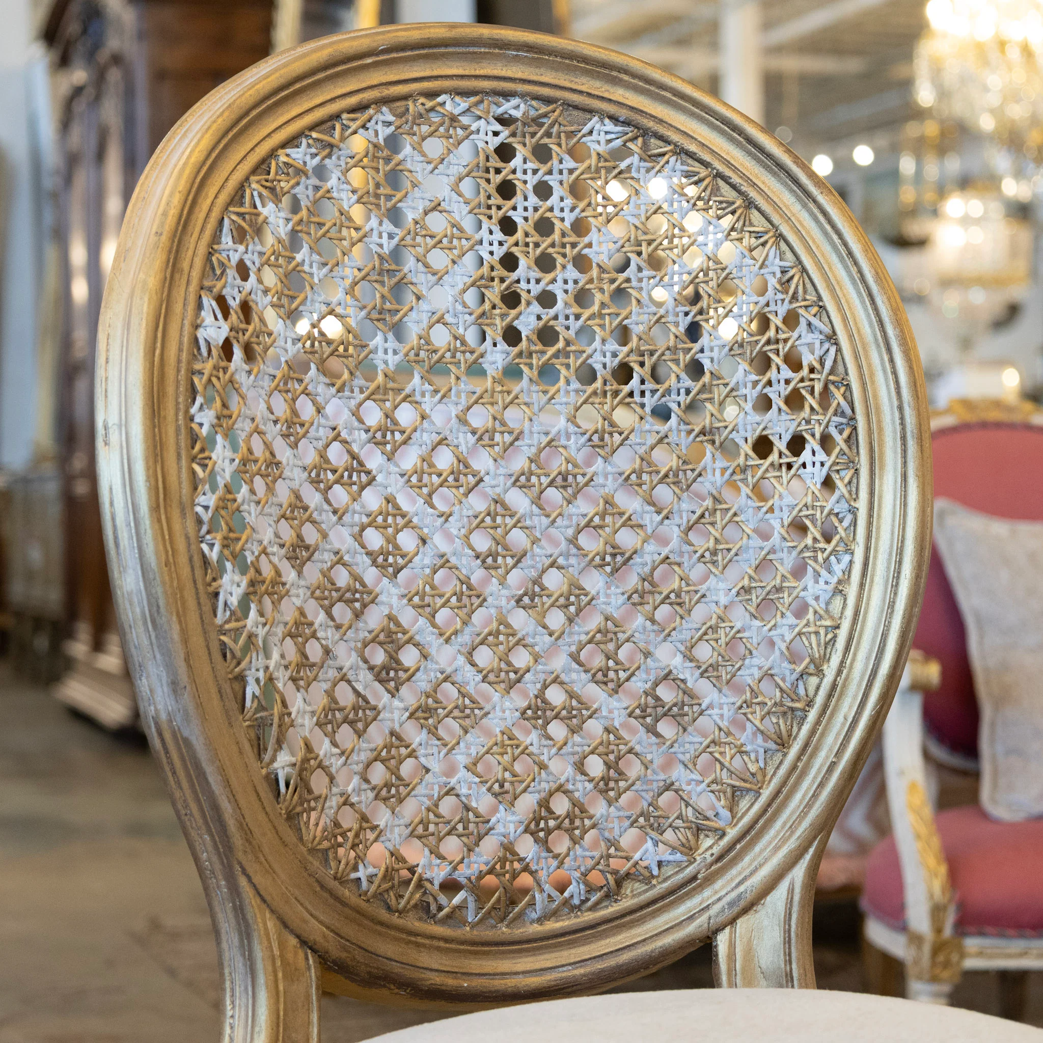 Louis XVI Round Dining Chair – Round Cane Back & Cream Linen Upholstery - Image 6