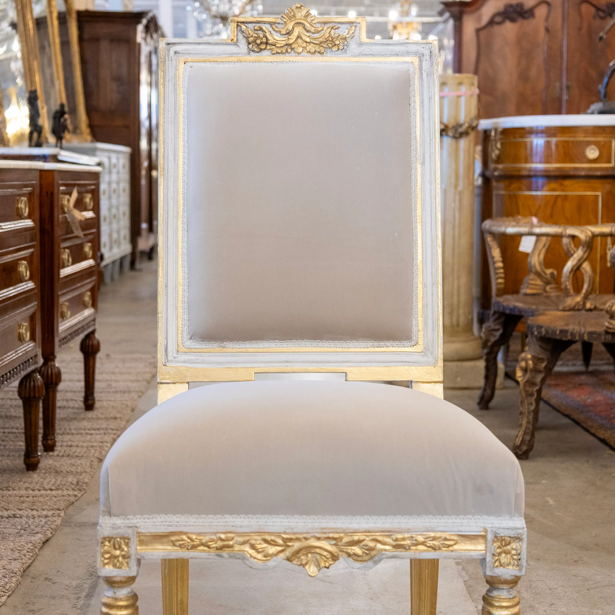 Louis XVI Square Dining Chair – White and Gold Trim & Grey Velvet Upholstery - Image 3