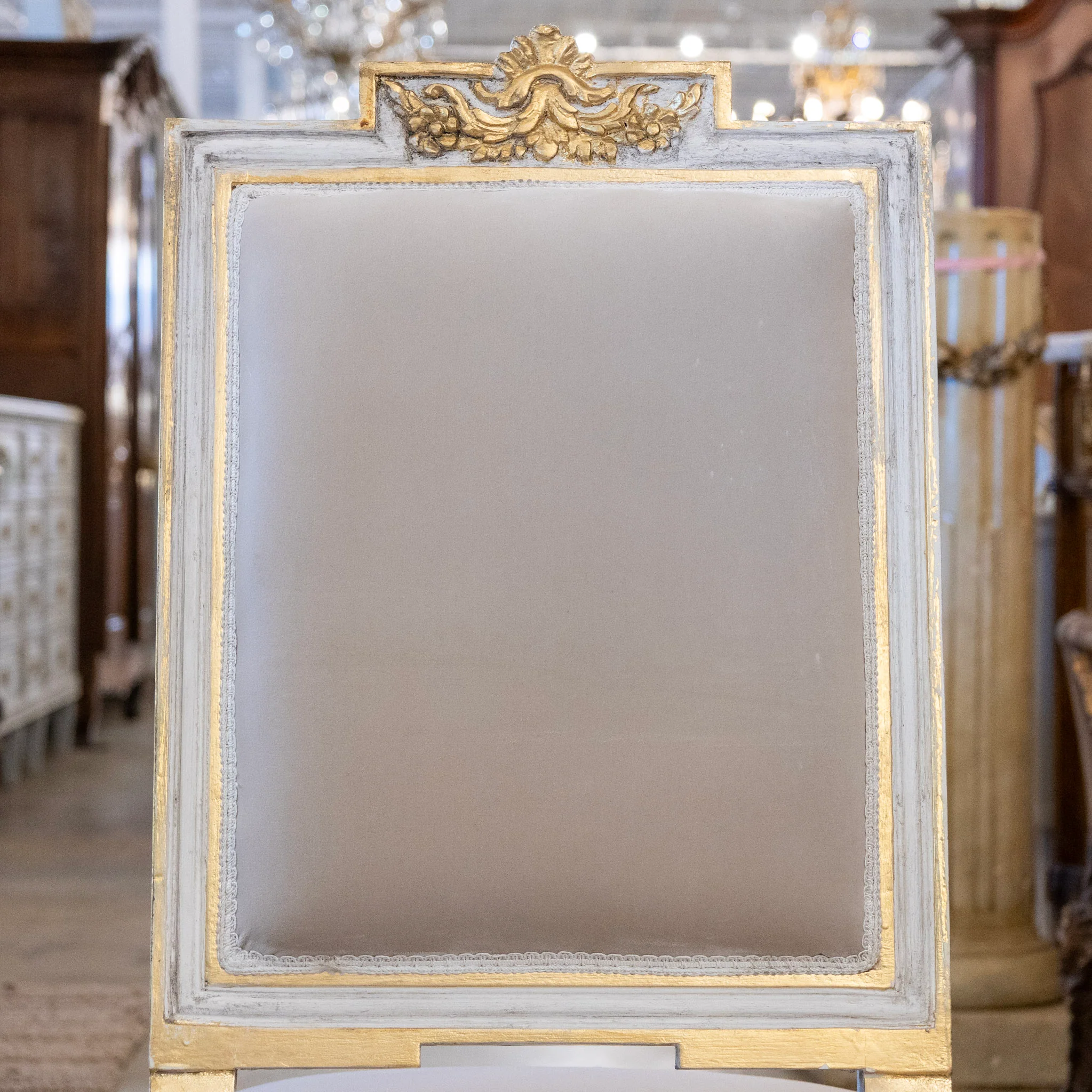 Louis XVI Square Dining Chair – White and Gold Trim & Grey Velvet Upholstery - Image 4