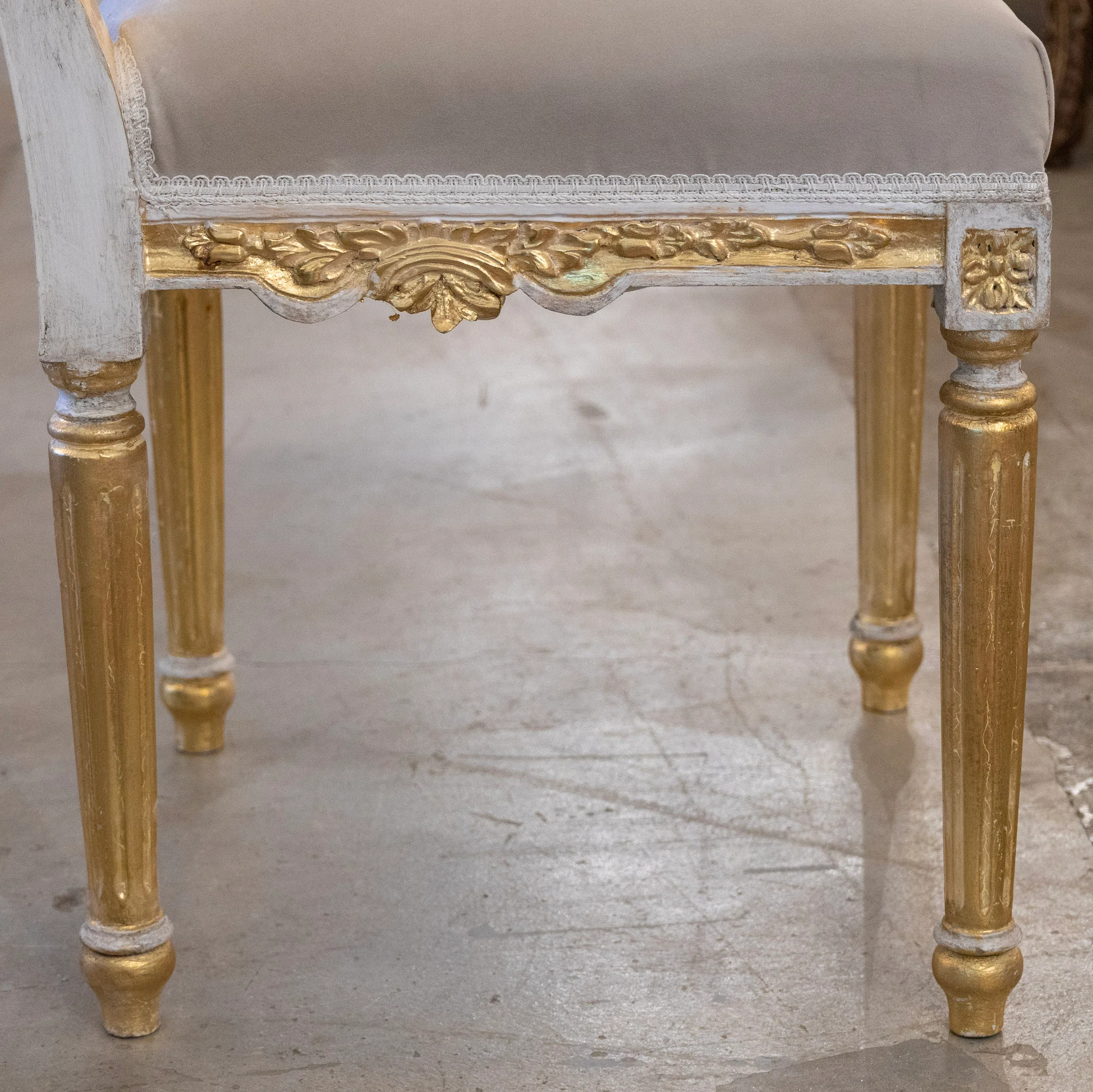 Louis XVI Square Dining Chair – White and Gold Trim & Grey Velvet Upholstery - Image 7