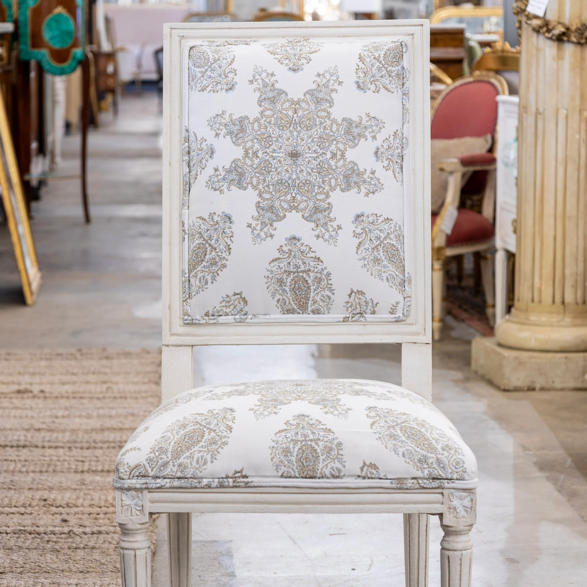 Louis XVI Square Dining Chair – White Frame & Paisley Upholstery - Image 3