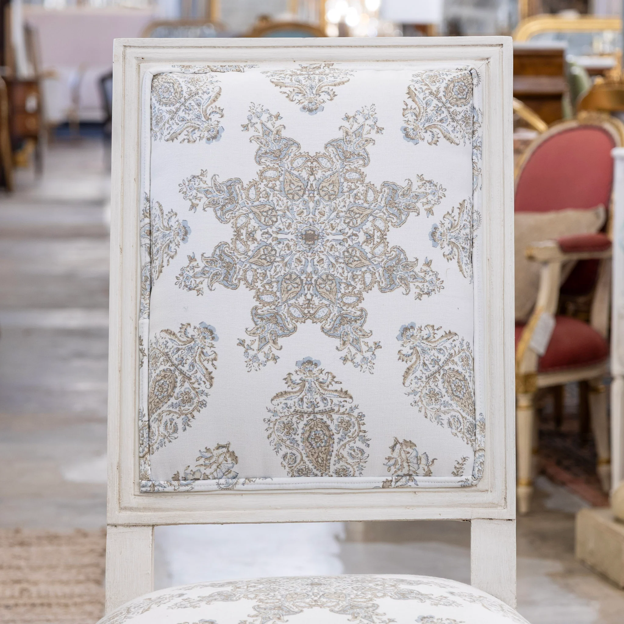 Louis XVI Square Dining Chair – White Frame & Paisley Upholstery - Image 4