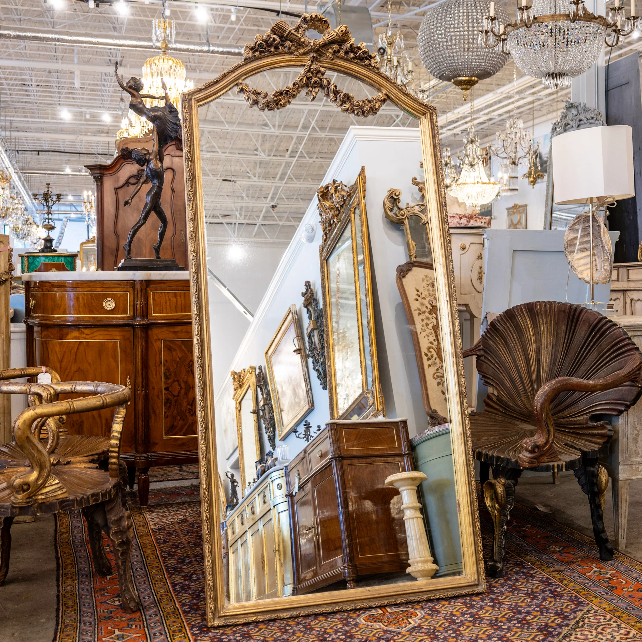 Louis XVI Floor Mirror –  Carved Crest & Gold Finish