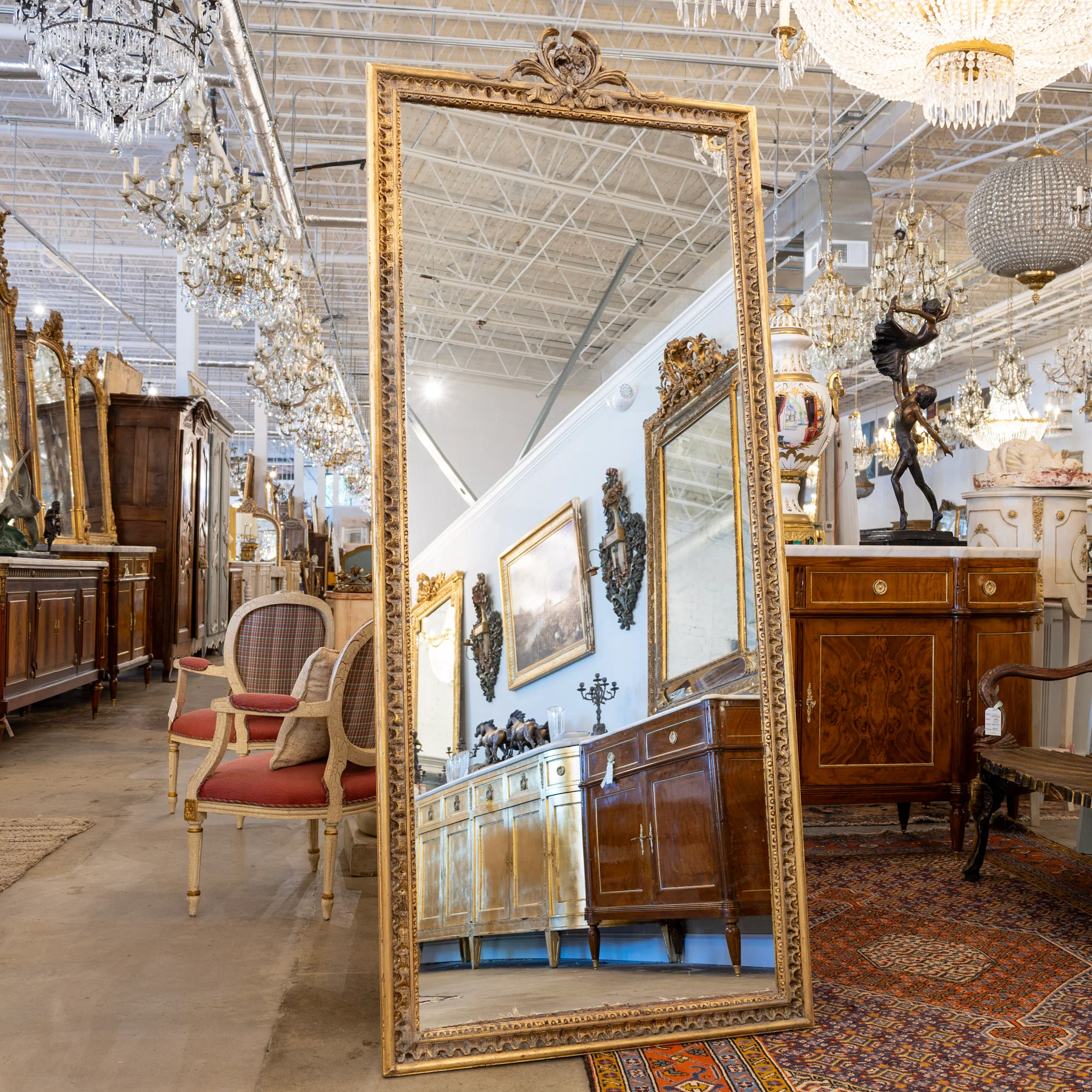 Louis XVI Floor Mirror – Carved Trim & Crest in Gold