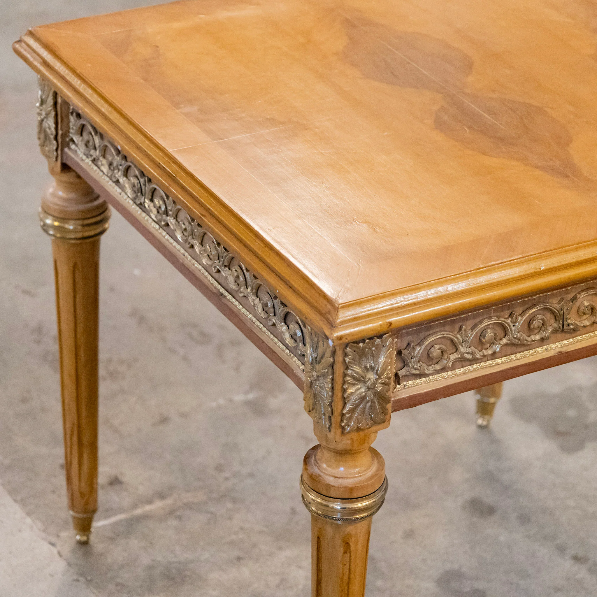Louis XVI Side Table – Burl Wood Top & Brass Scroll Trim - Image 3