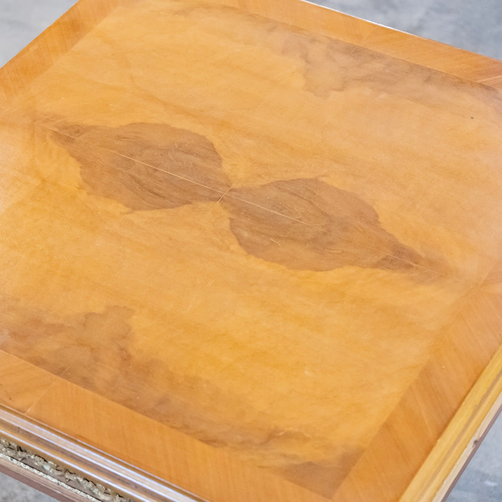 Louis XVI Side Table – Burl Wood Top & Brass Scroll Trim - Image 4