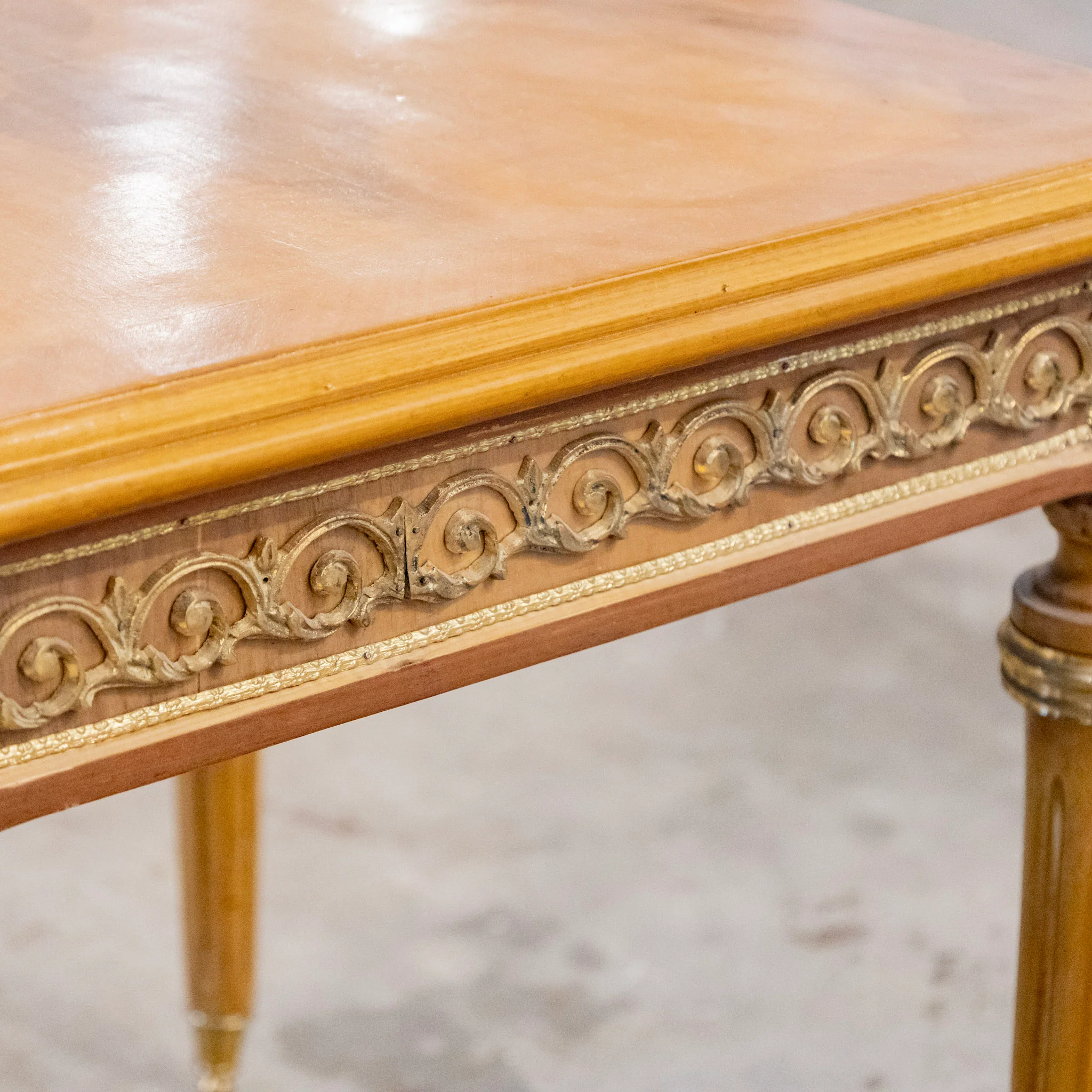 Louis XVI Side Table – Burl Wood Top & Brass Scroll Trim - Image 5