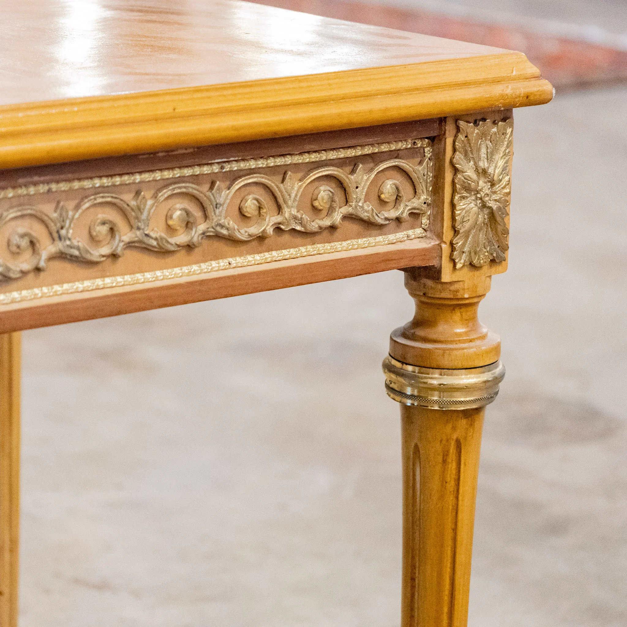 Louis XVI Side Table – Burl Wood Top & Brass Scroll Trim - Image 6