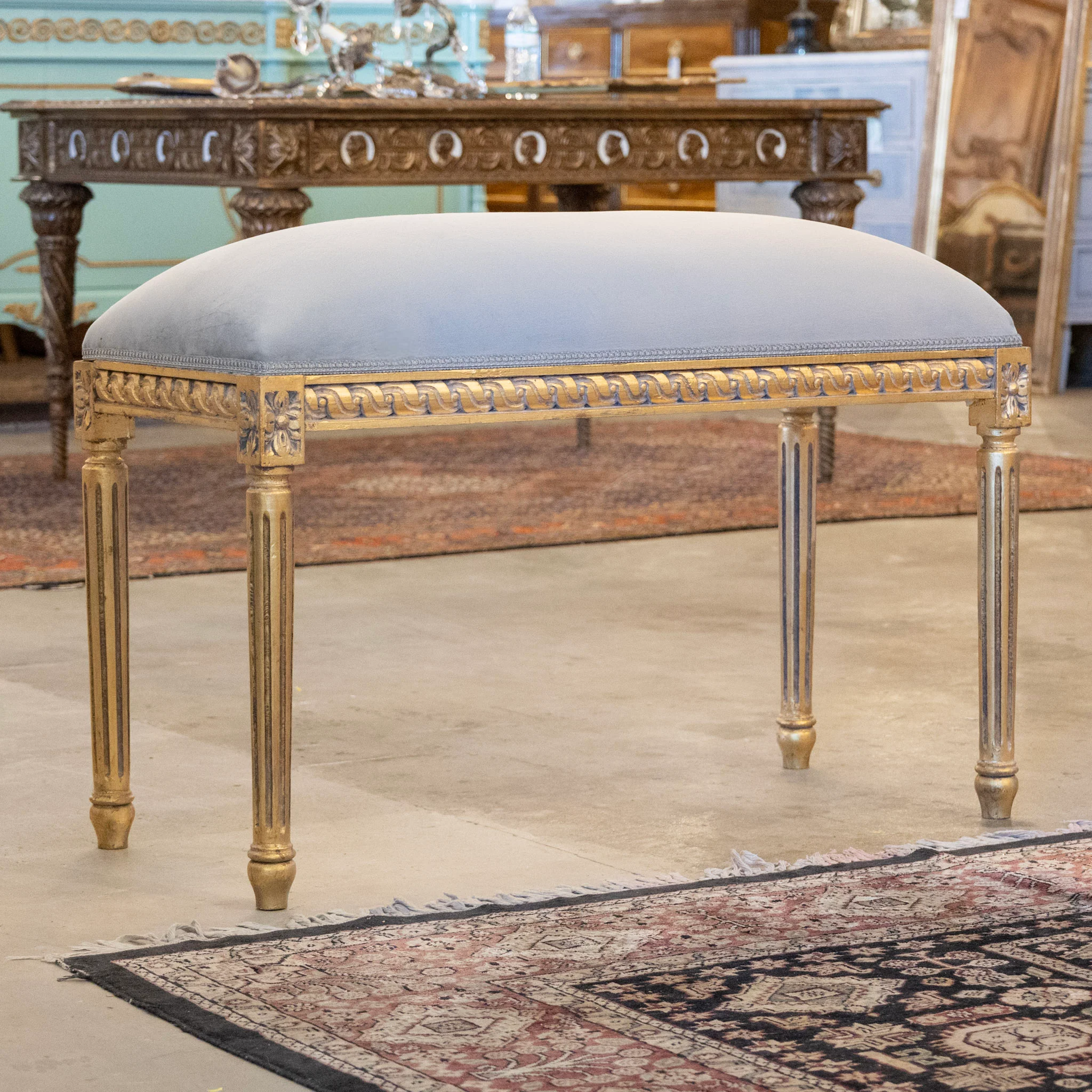 Louis XVI Gilded Bench – Light Blue Velvet Upholstery