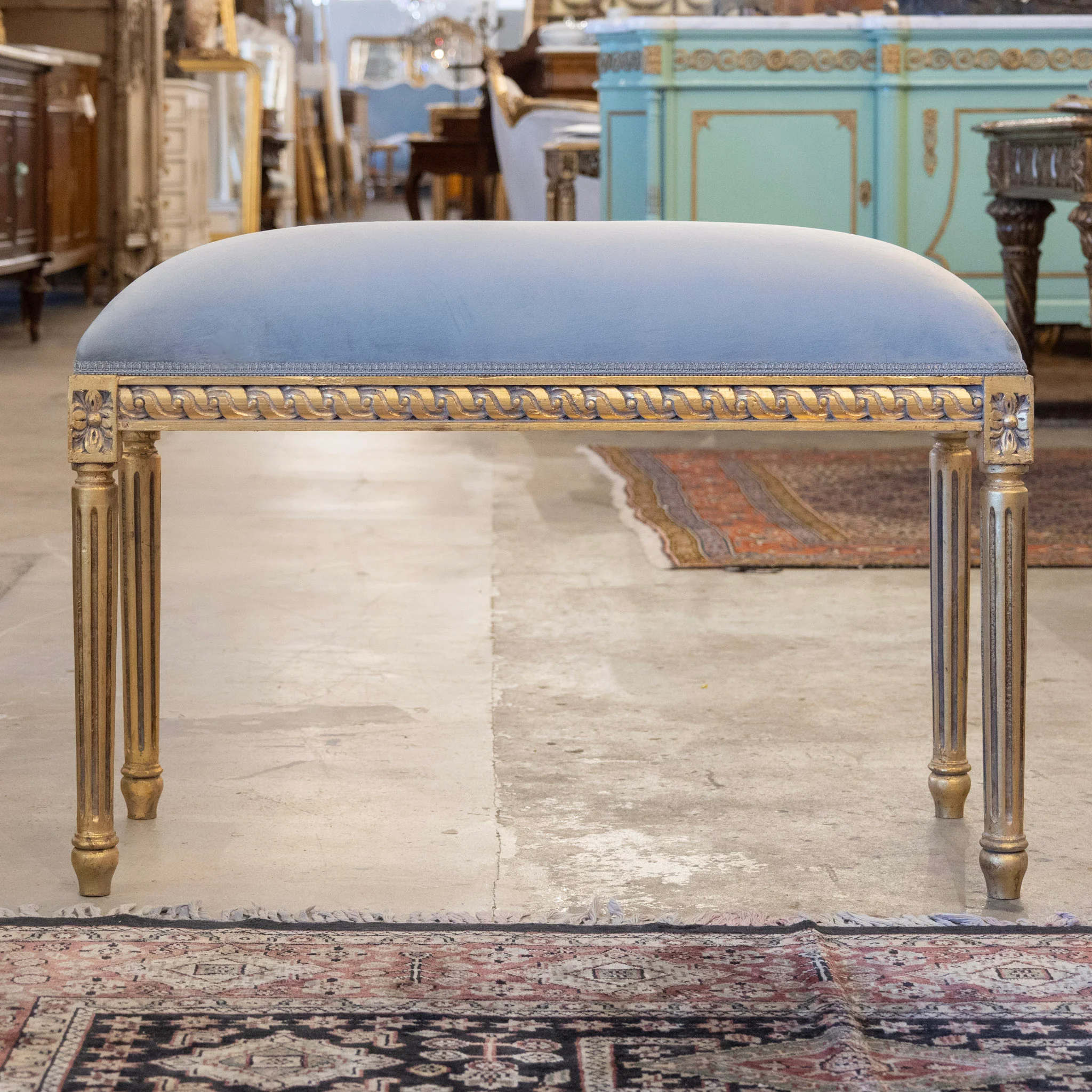 Louis XVI Gilded Bench – Light Blue Velvet Upholstery - Image 2