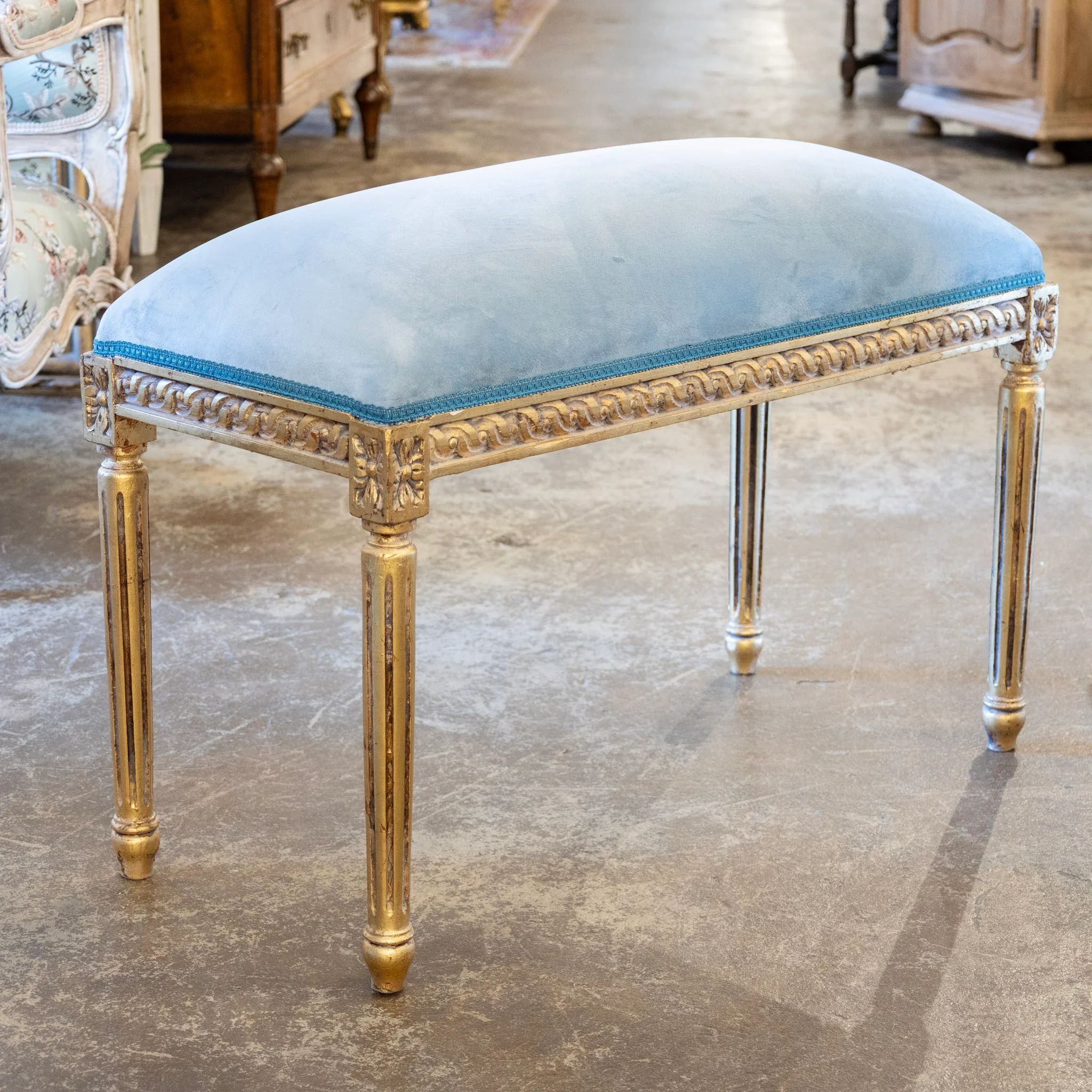 Louis XVI Gilded Bench – Blue Velvet Upholstery - Image 2