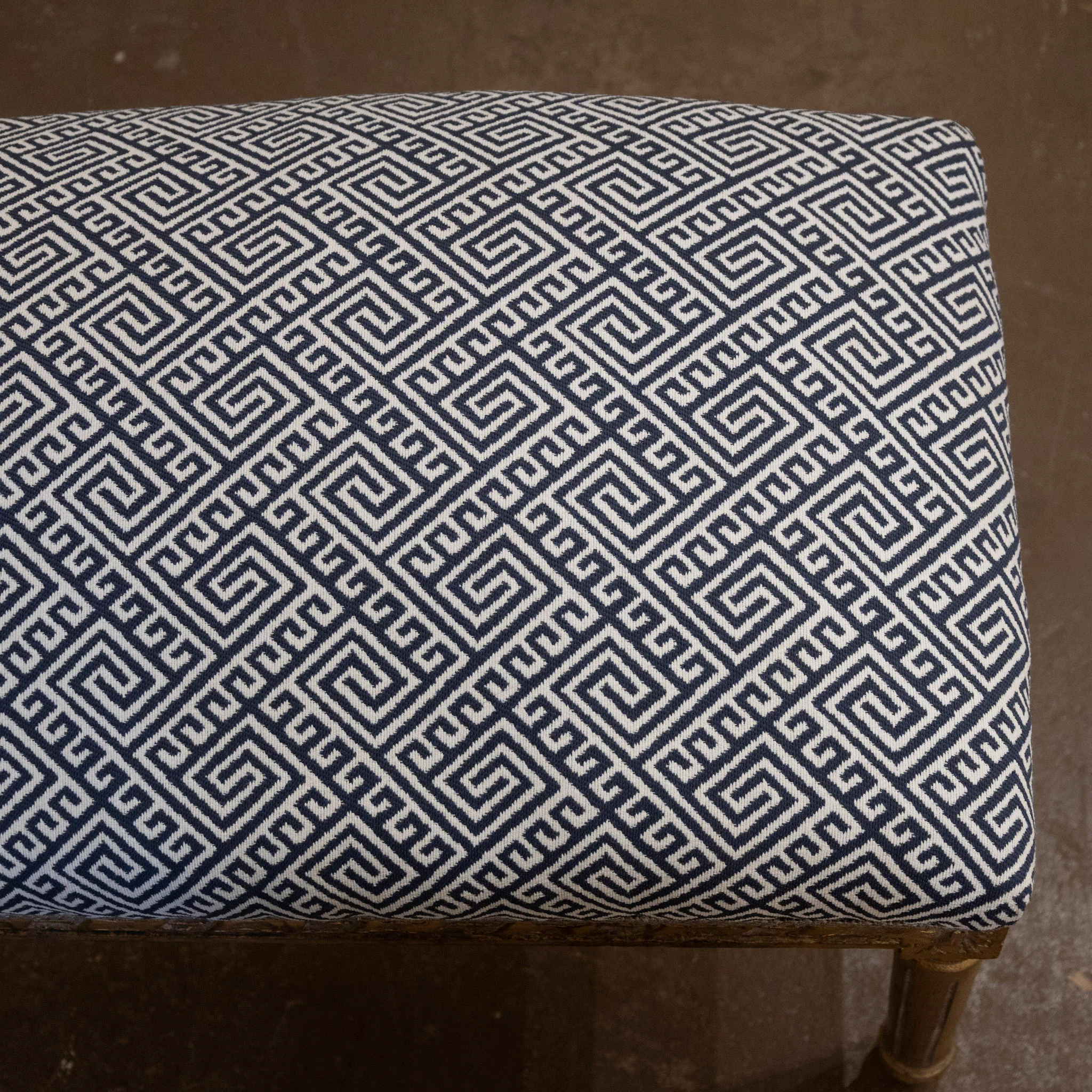 Louis XVI Gilded Bench – Blue & White Greek Key Linen Upholstery - Image 5