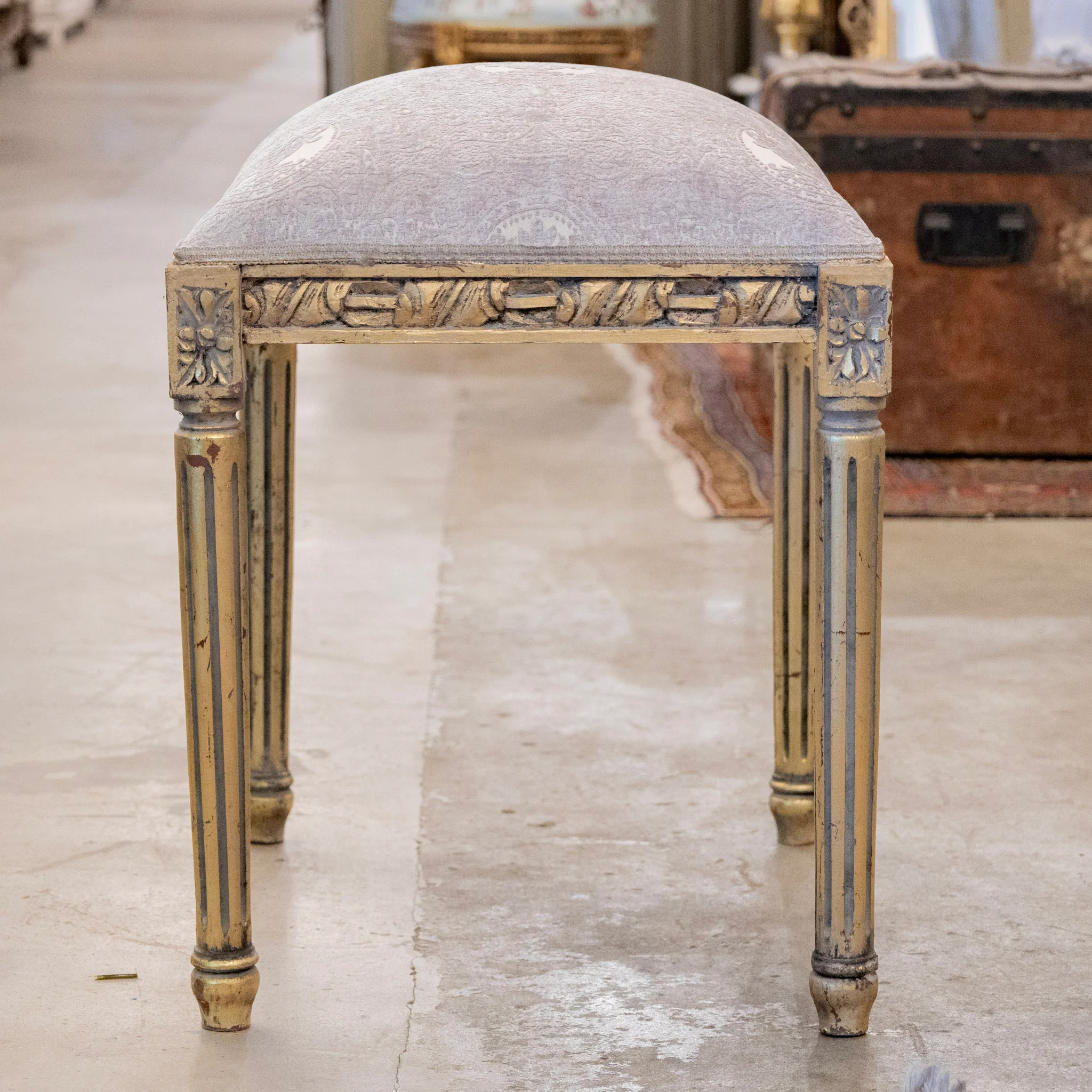 Louis XVI Gilded Square Stool – Gray Velvet Damask Upholstery - Image 2