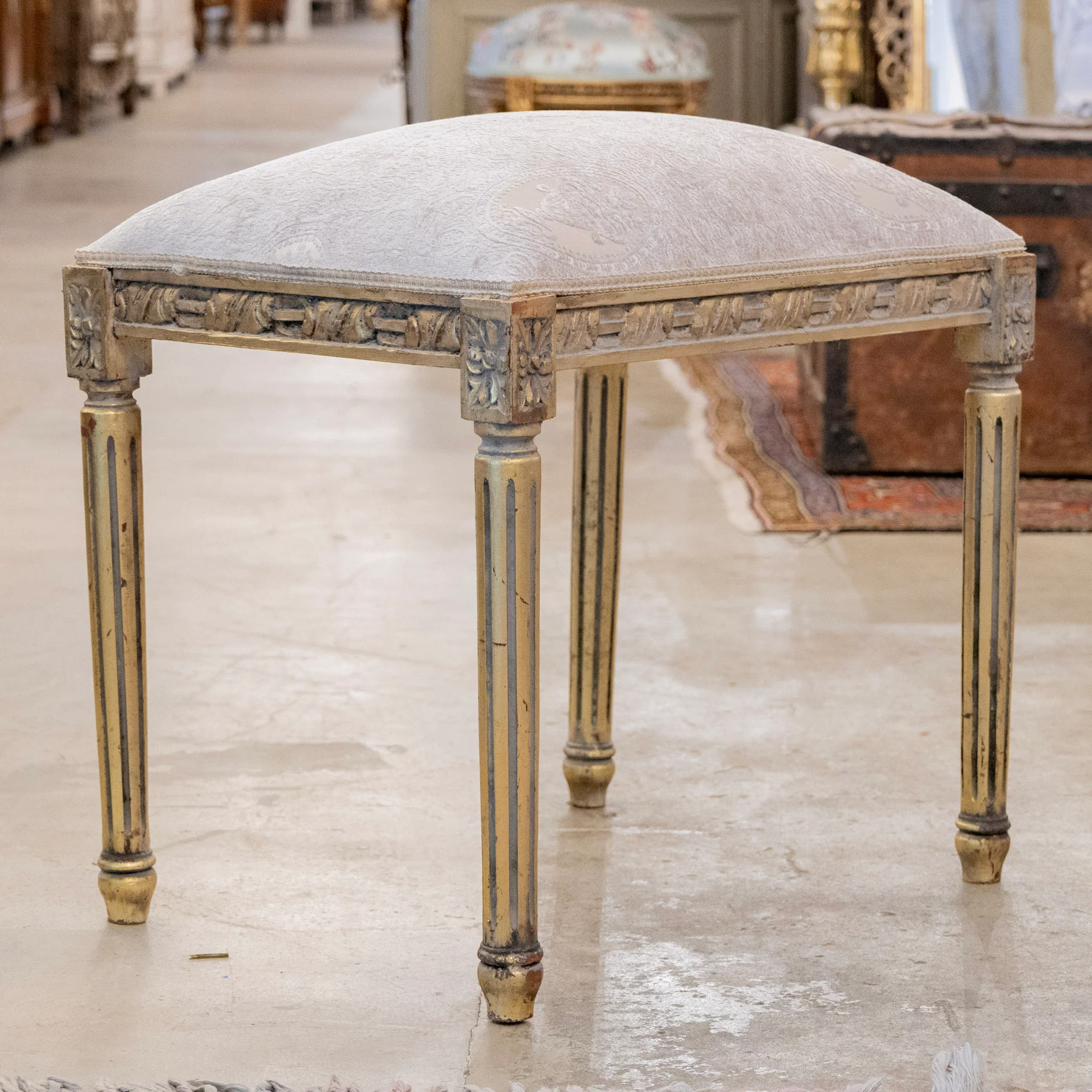 Louis XVI Gilded Square Stool – Gray Velvet Damask Upholstery - Image 3