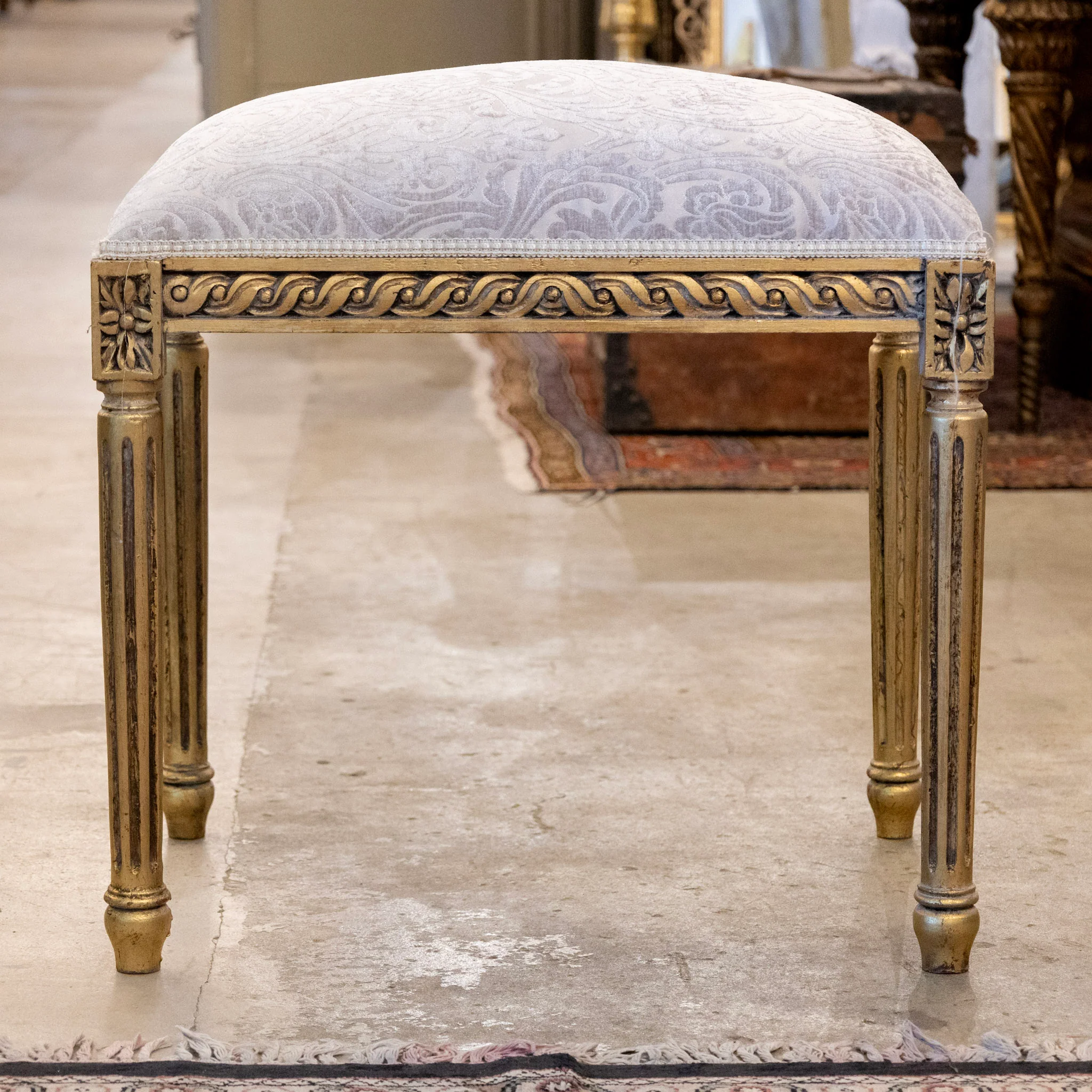 Louis XVI Gilded Bench – Gray Damask Velvet Upholstery