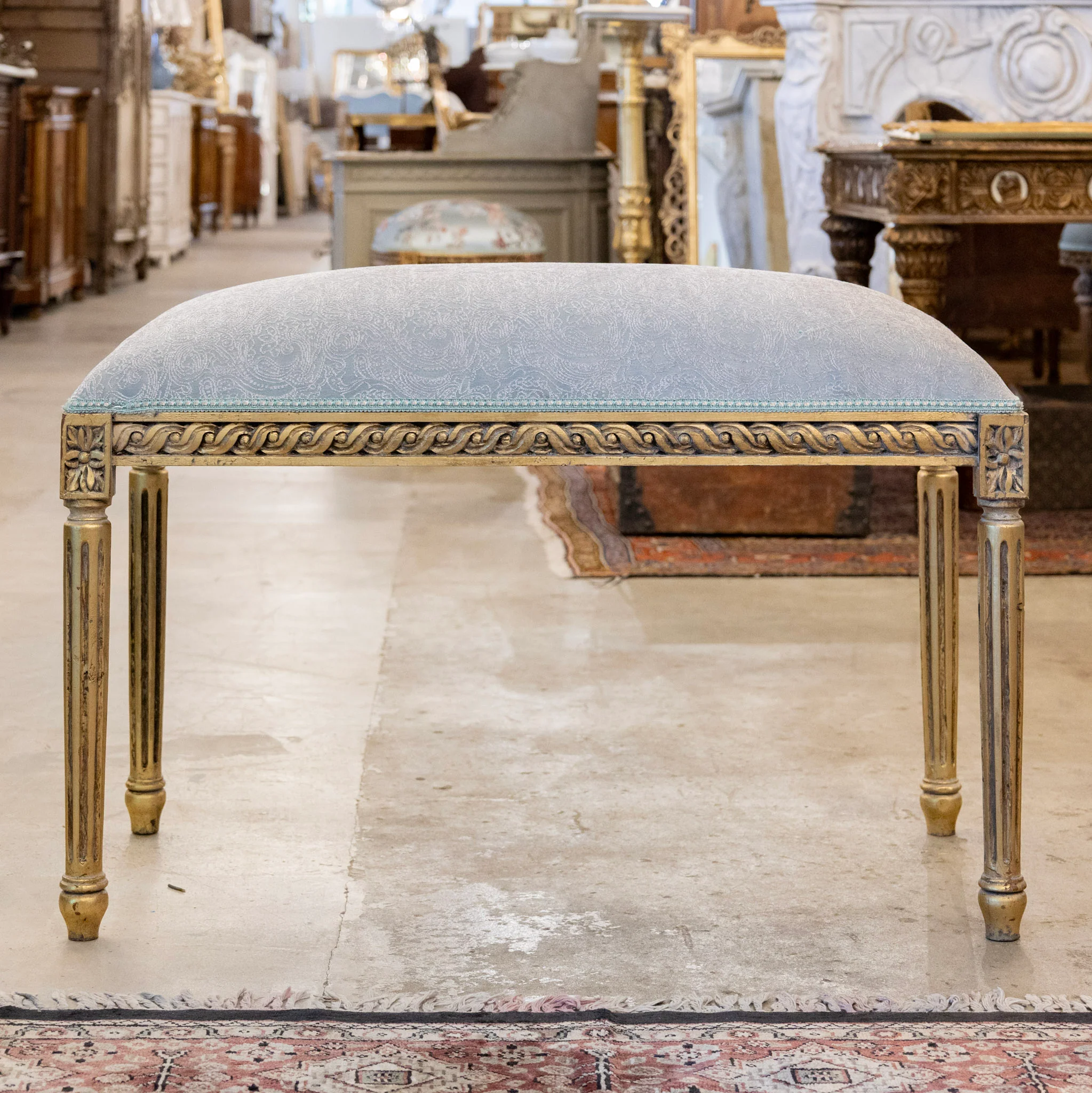 Louis XVI Gilded Bench – Light Blue Satin with White Damask Embroidery