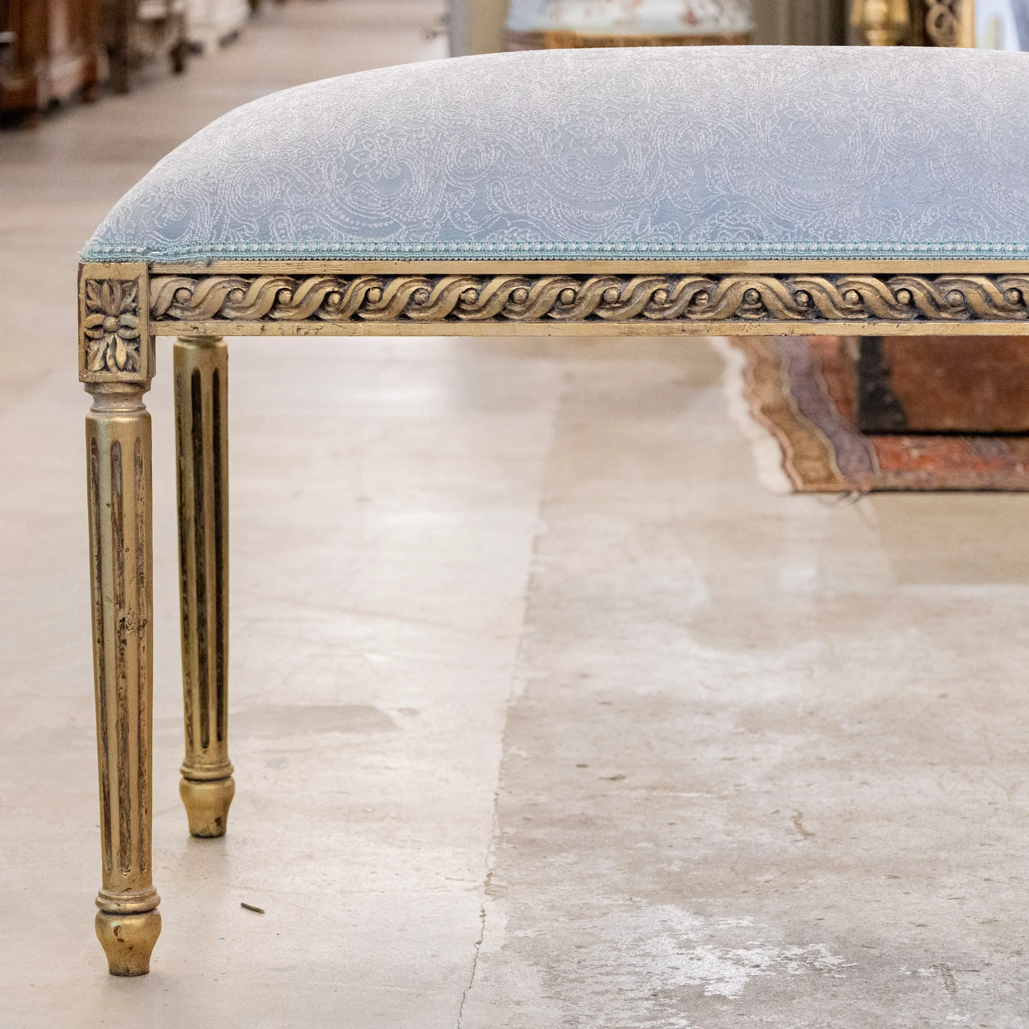 Louis XVI Gilded Bench – Light Blue Satin with White Damask Embroidery - Image 2