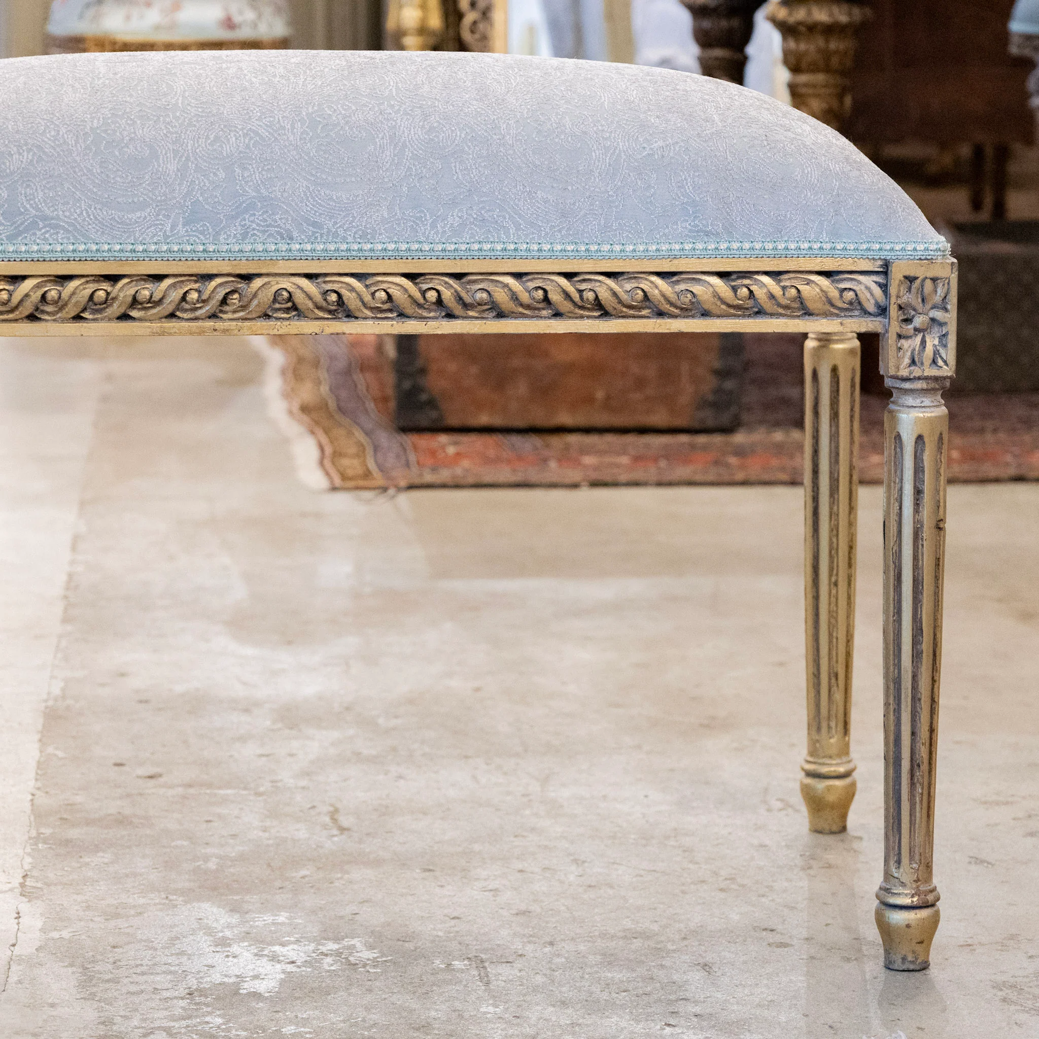 Louis XVI Gilded Bench – Light Blue Satin with White Damask Embroidery - Image 3