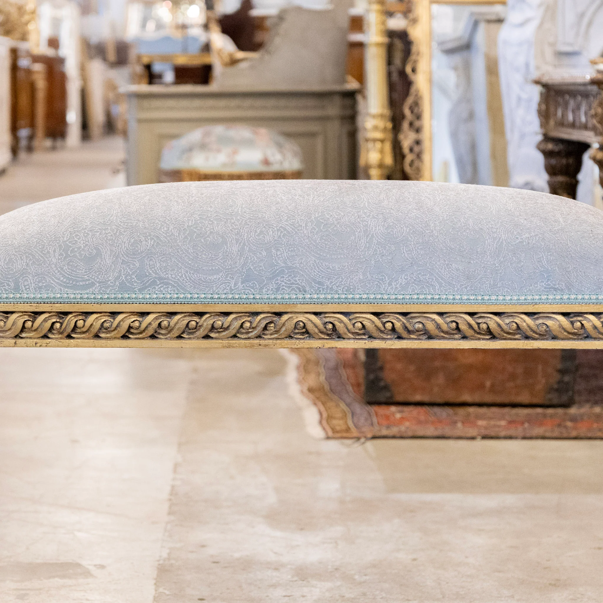 Louis XVI Gilded Bench – Light Blue Satin with White Damask Embroidery - Image 4