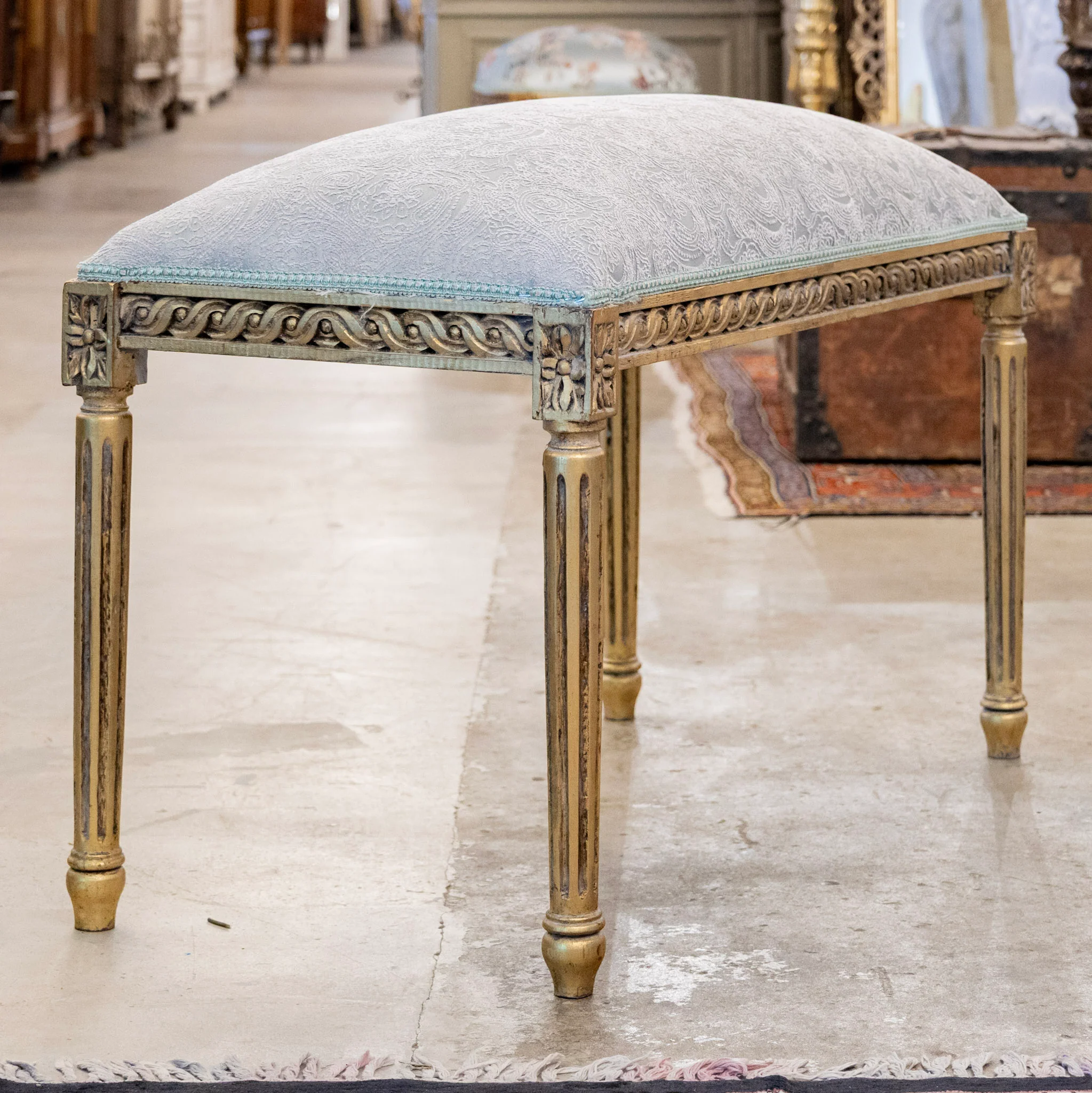 Louis XVI Gilded Bench – Light Blue Satin with White Damask Embroidery - Image 5