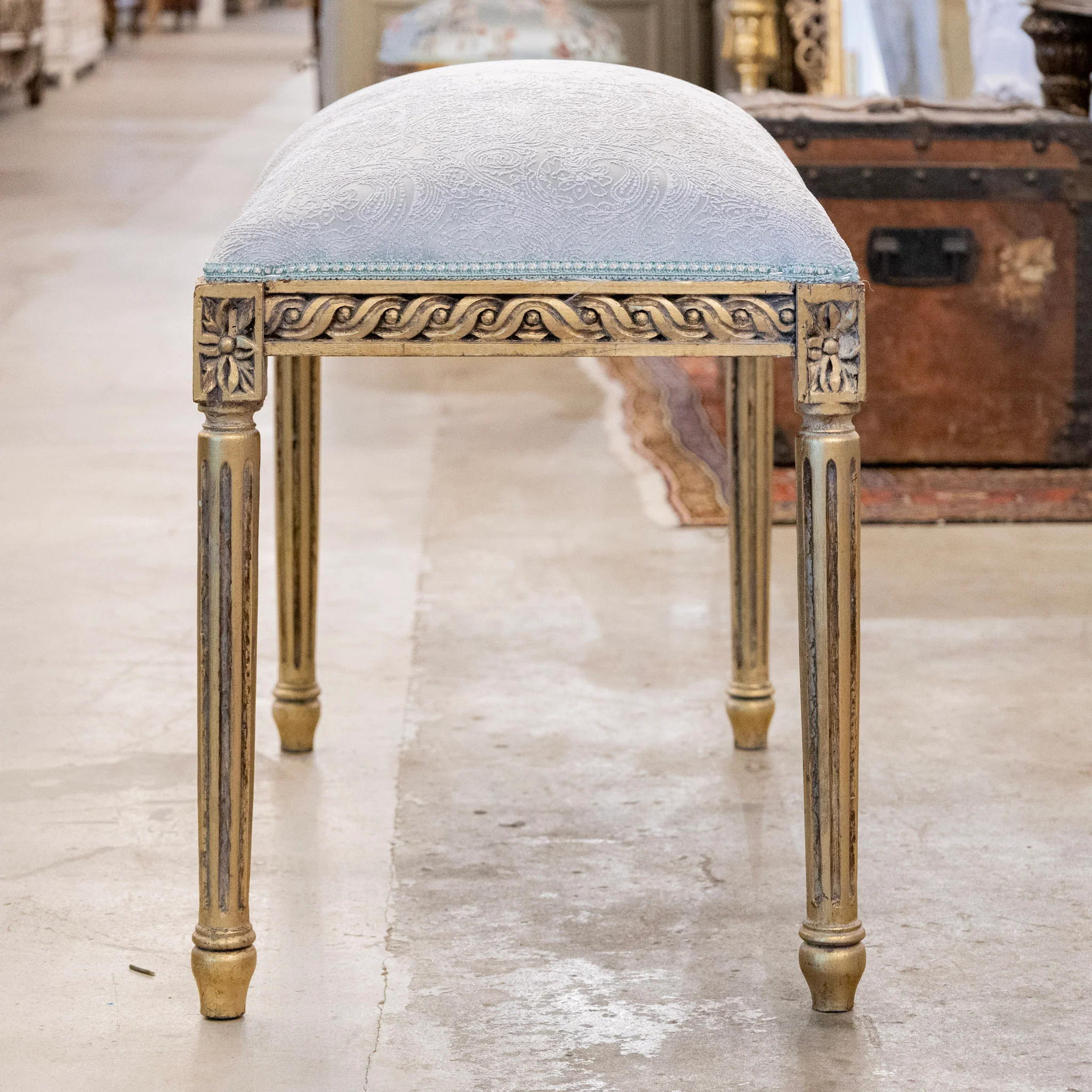 Louis XVI Gilded Bench – Light Blue Satin with White Damask Embroidery - Image 6