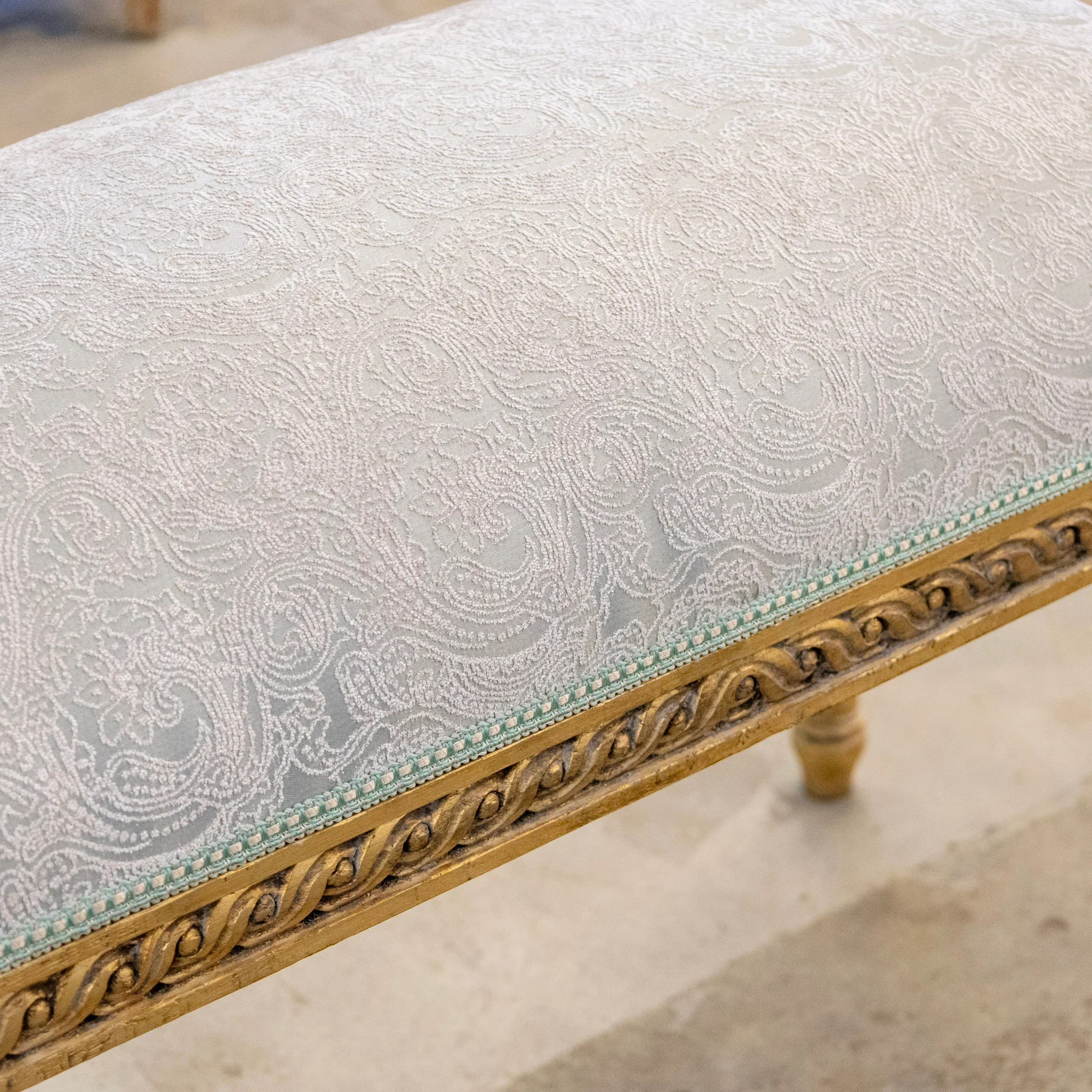 Louis XVI Gilded Bench – Light Blue Satin with White Damask Embroidery - Image 8