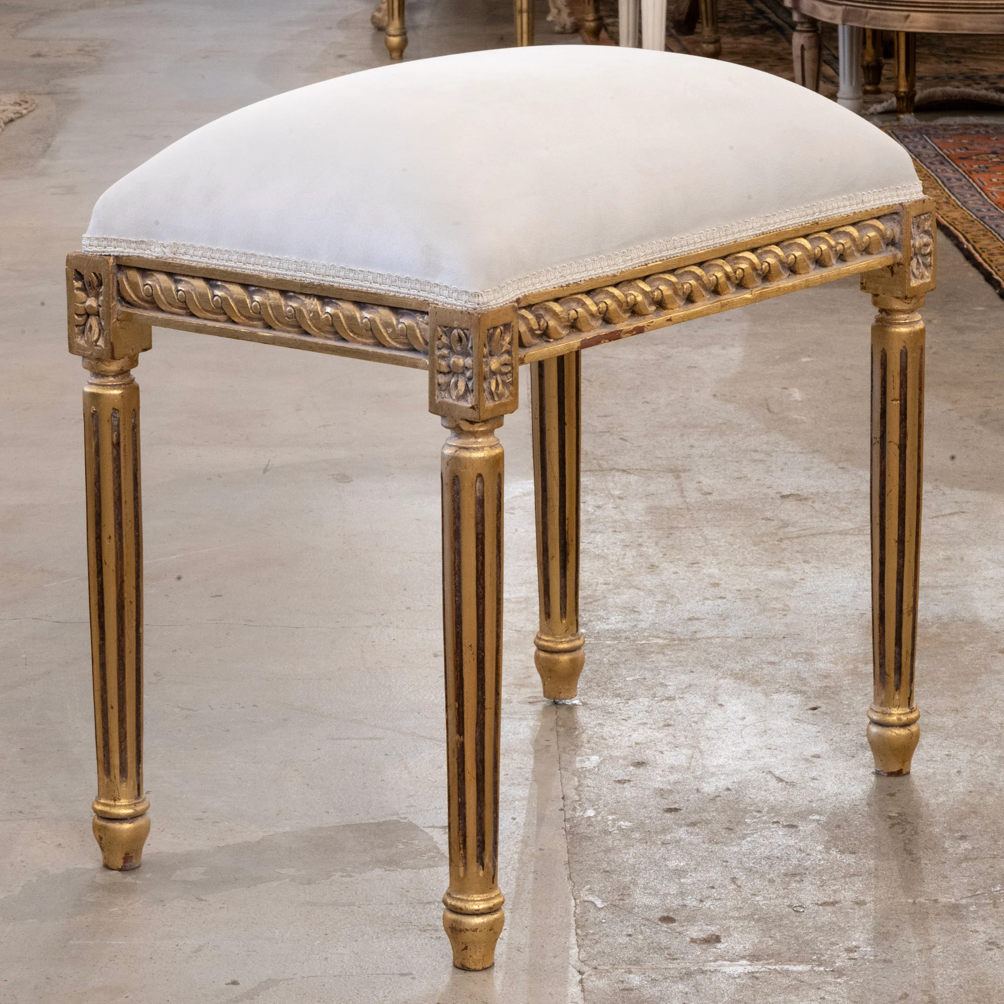 Louis XVI Gilded Bench – Velvet Cream Upholstery - Image 2