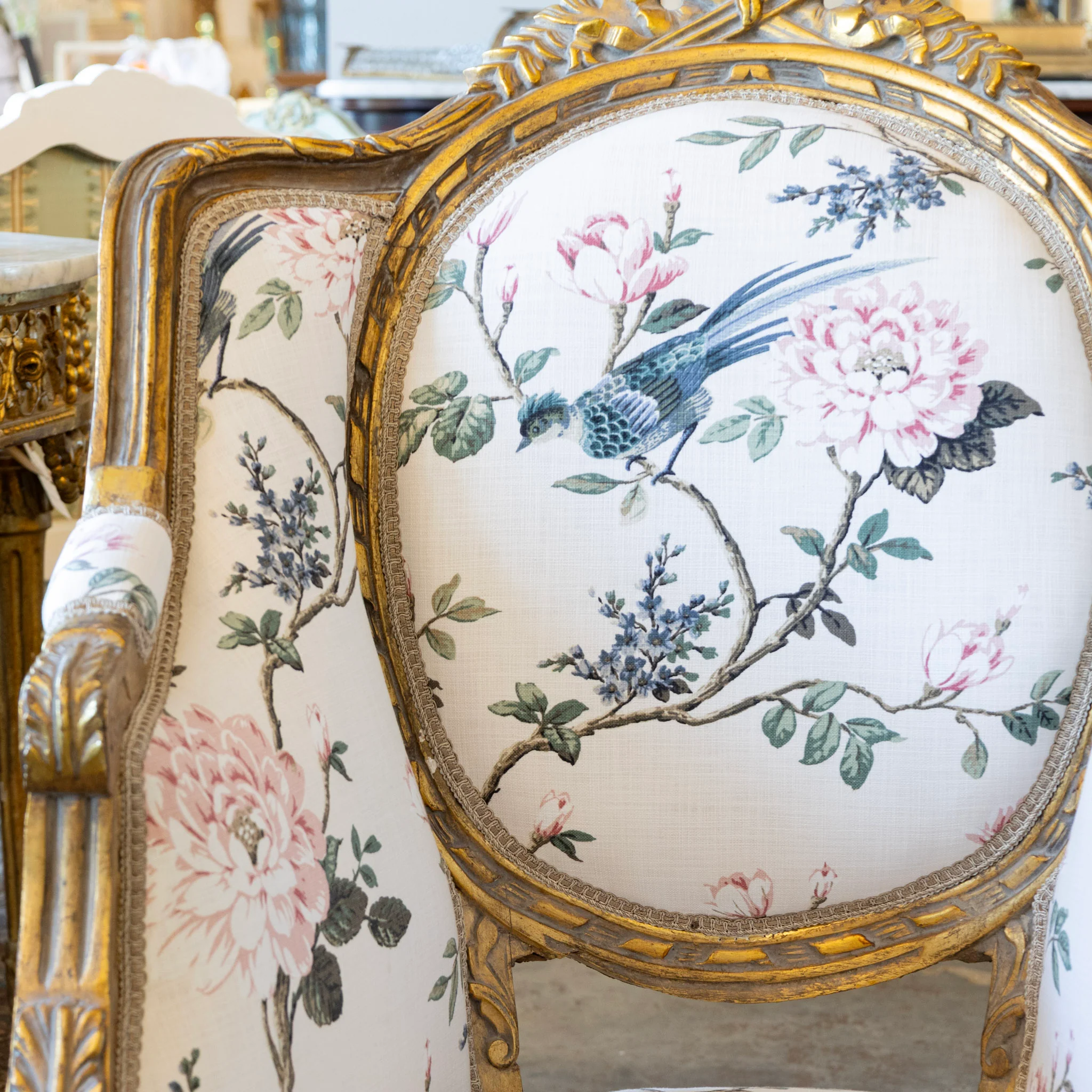 Louis XVI Gilded Bergère Chair – Chinoiserie Floral Linen & Green Velvet Upholstery - Image 3