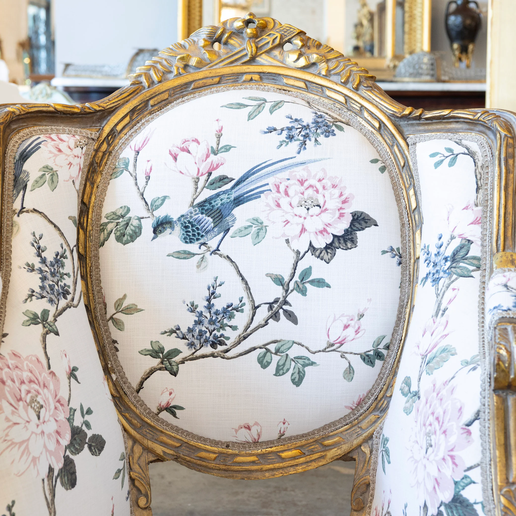 Louis XVI Gilded Bergère Chair – Chinoiserie Floral Linen & Green Velvet Upholstery - Image 4