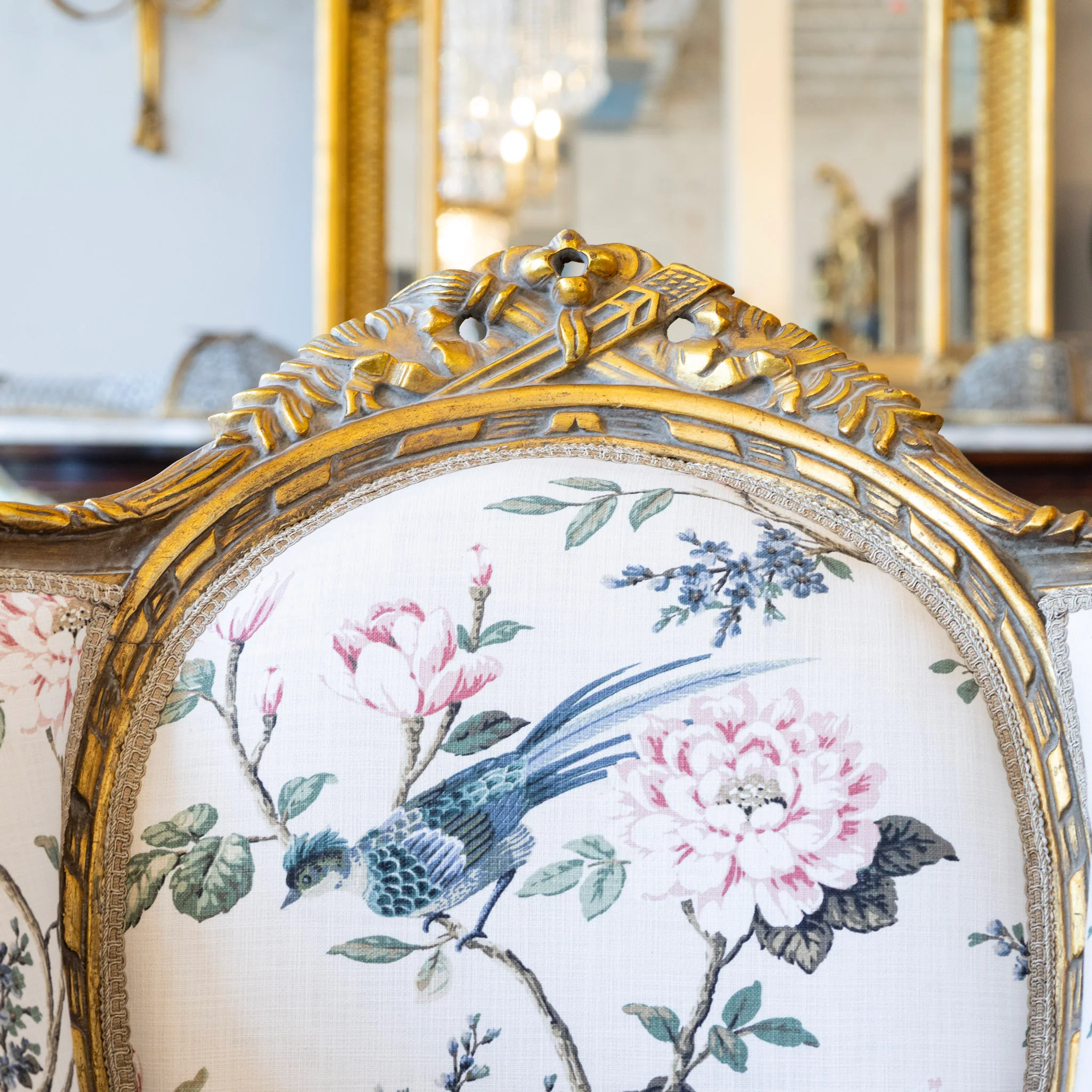Louis XVI Gilded Bergère Chair – Chinoiserie Floral Linen & Green Velvet Upholstery - Image 6