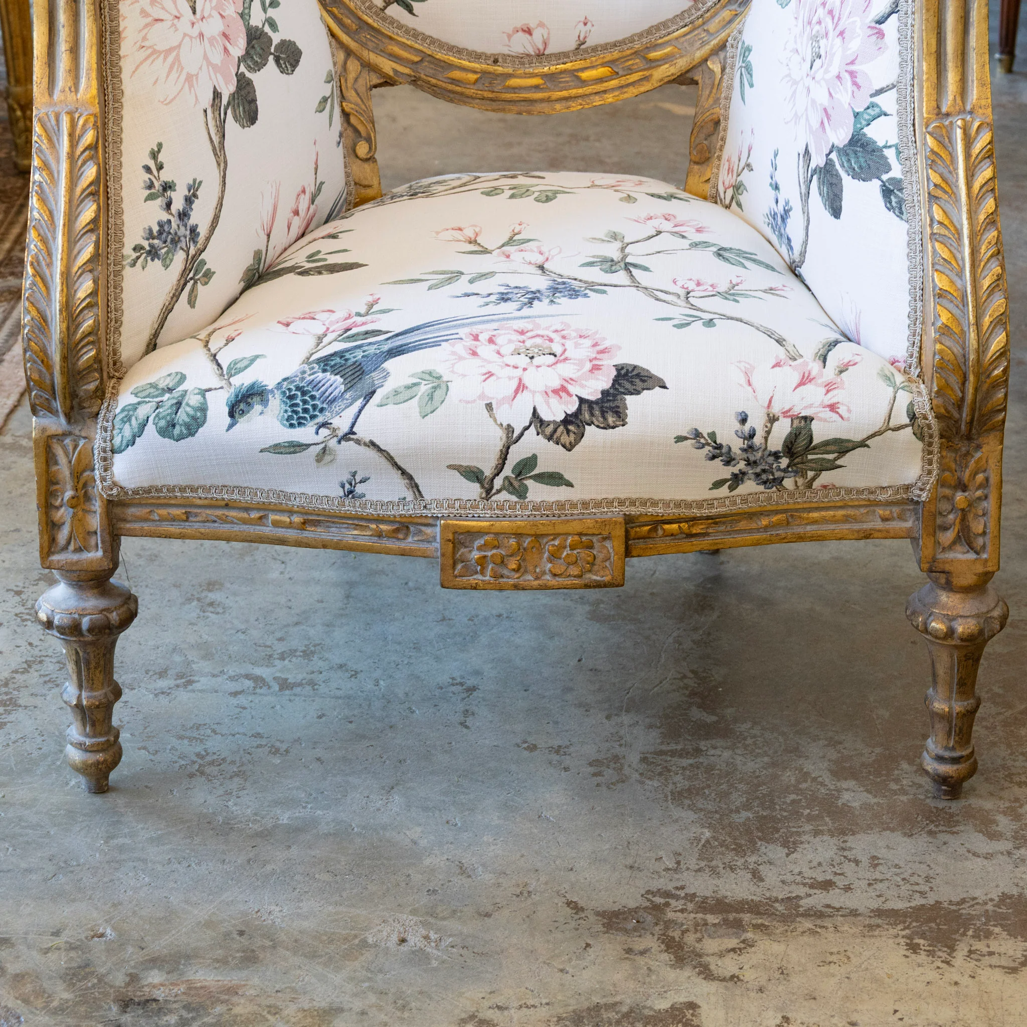 Louis XVI Gilded Bergère Chair – Chinoiserie Floral Linen & Green Velvet Upholstery - Image 7