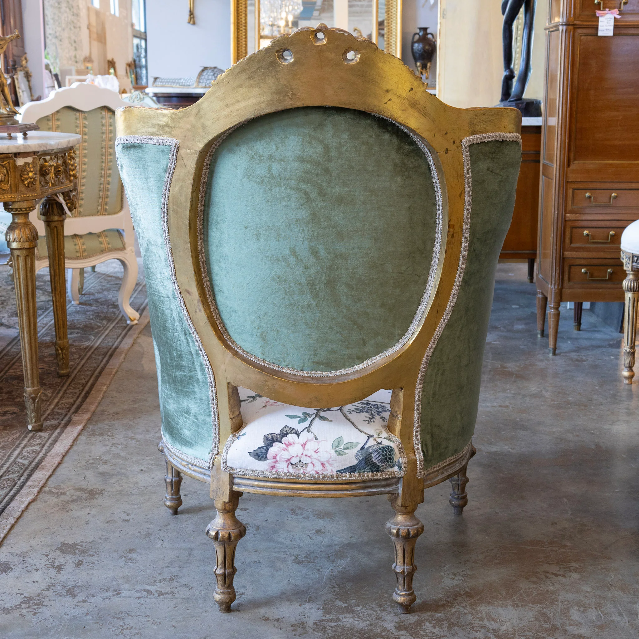 Louis XVI Gilded Bergère Chair – Chinoiserie Floral Linen & Green Velvet Upholstery - Image 9