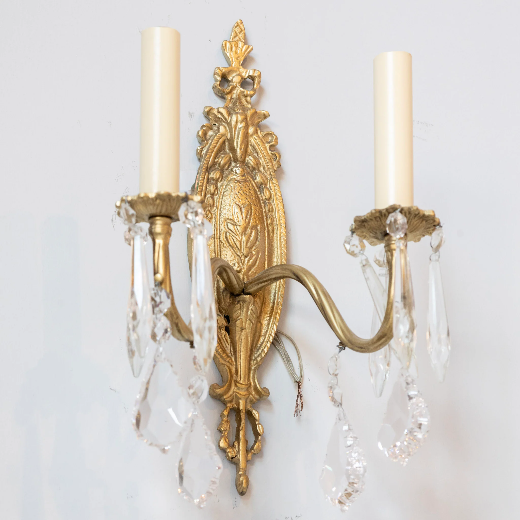Pair of Petite French Brass Wall Sconces - Oval Backplate & Crystal Drops