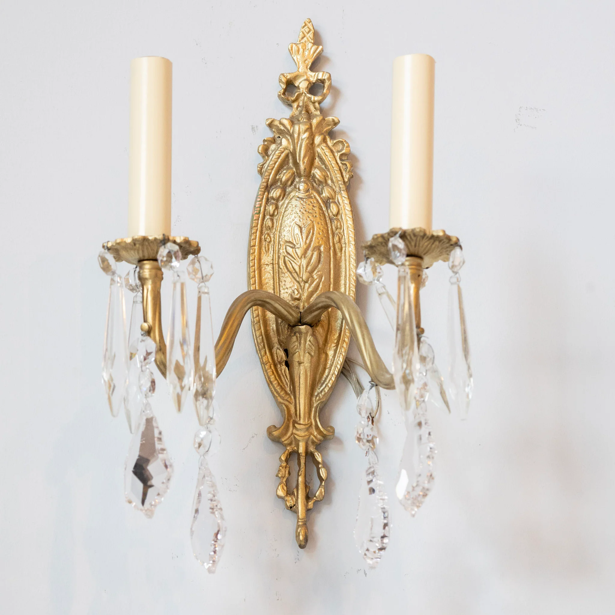Pair of Petite French Brass Wall Sconces - Oval Backplate & Crystal Drops - Image 2