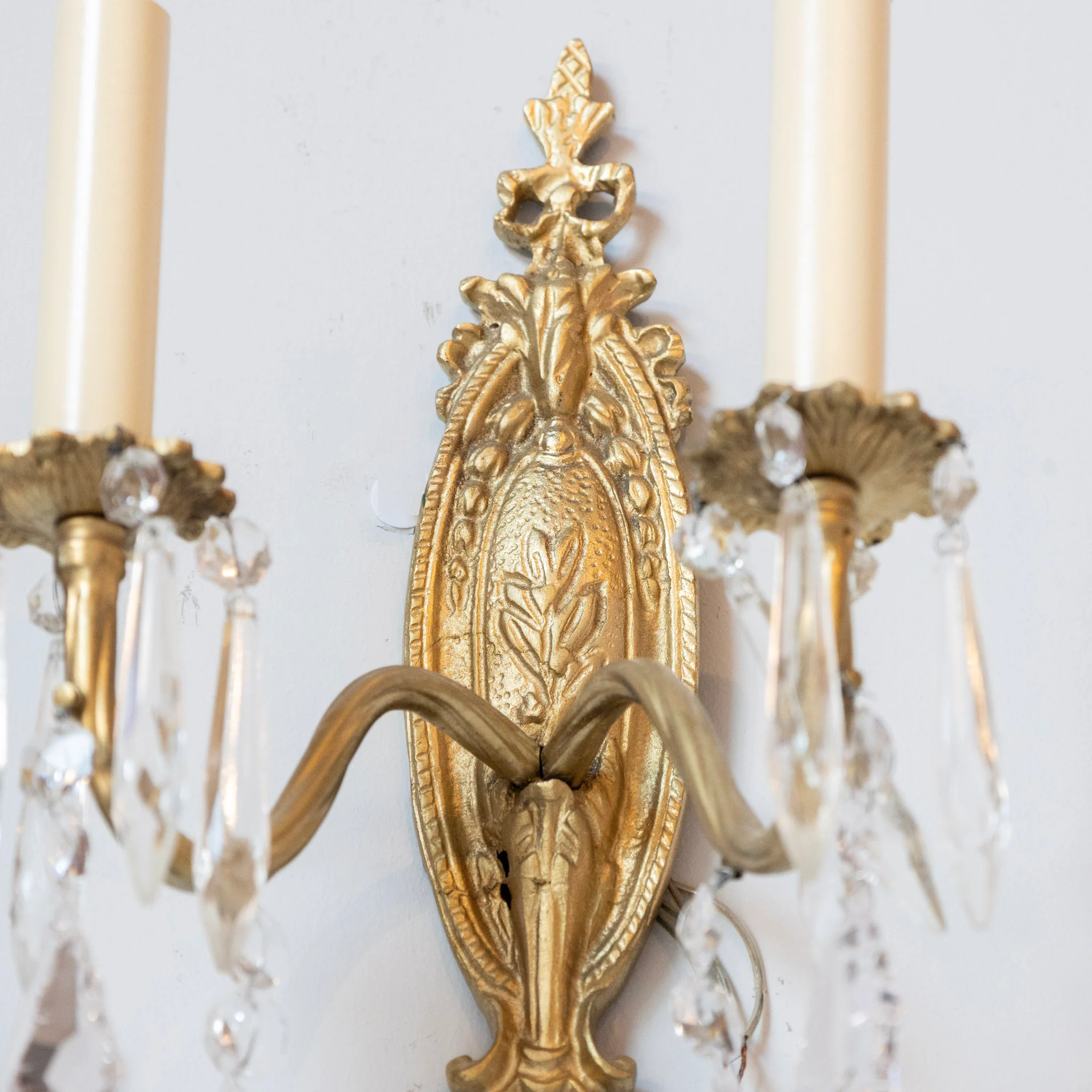 Pair of Petite French Brass Wall Sconces - Oval Backplate & Crystal Drops - Image 3