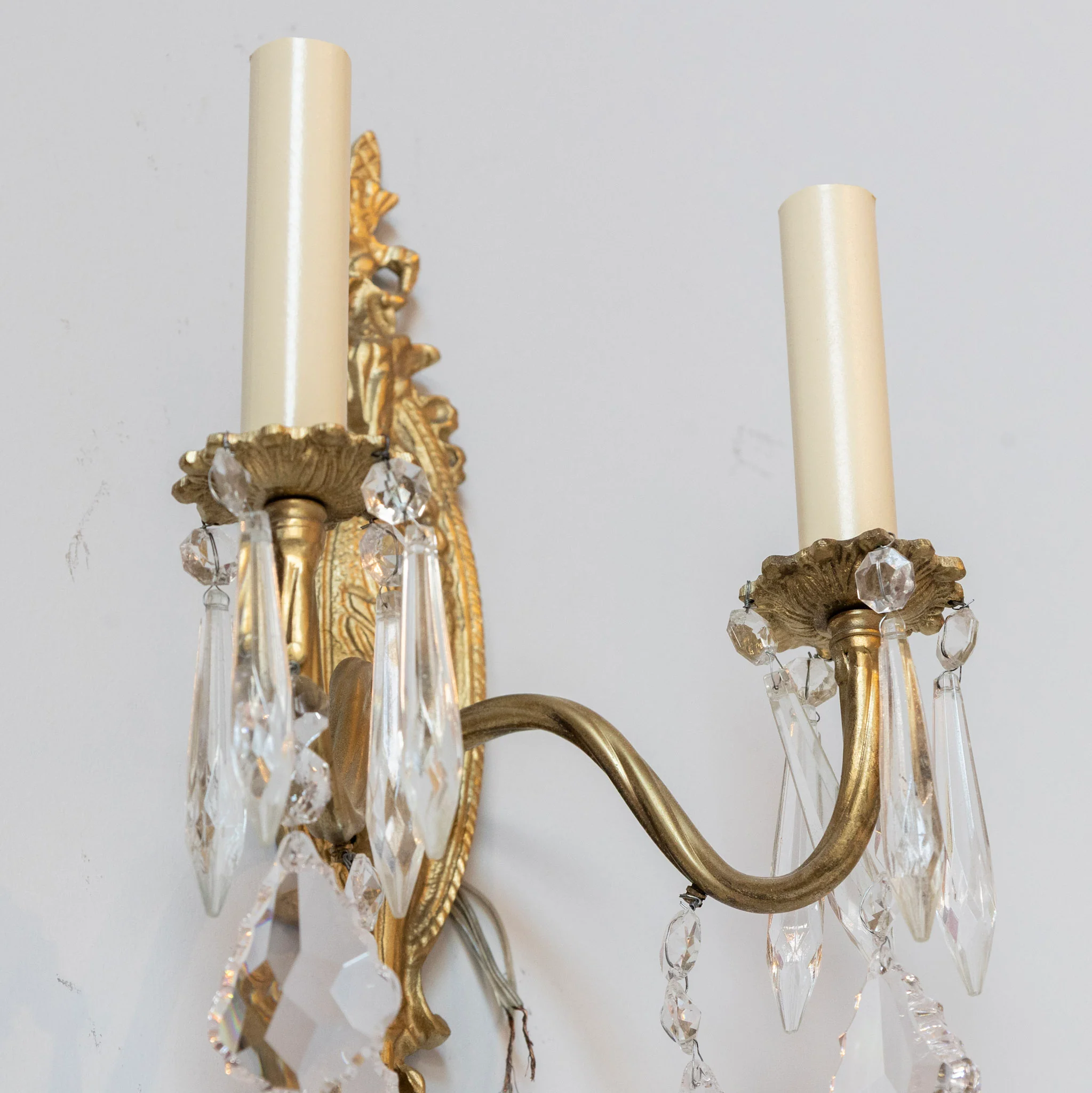 Pair of Petite French Brass Wall Sconces - Oval Backplate & Crystal Drops - Image 4