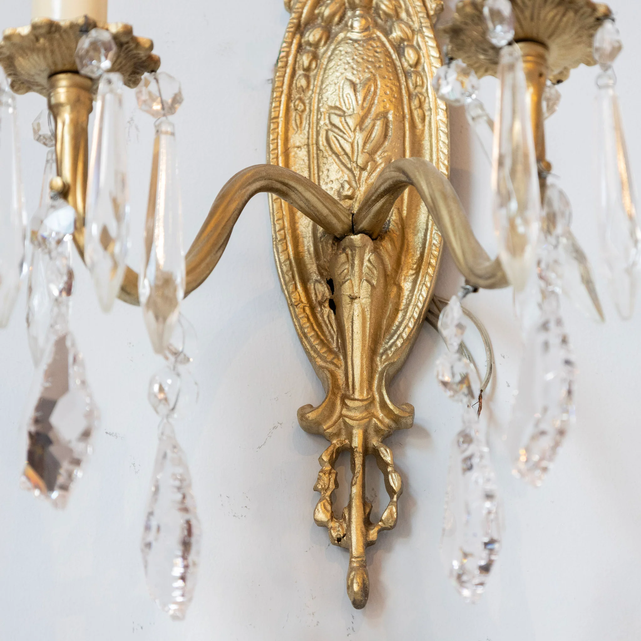 Pair of Petite French Brass Wall Sconces - Oval Backplate & Crystal Drops - Image 5